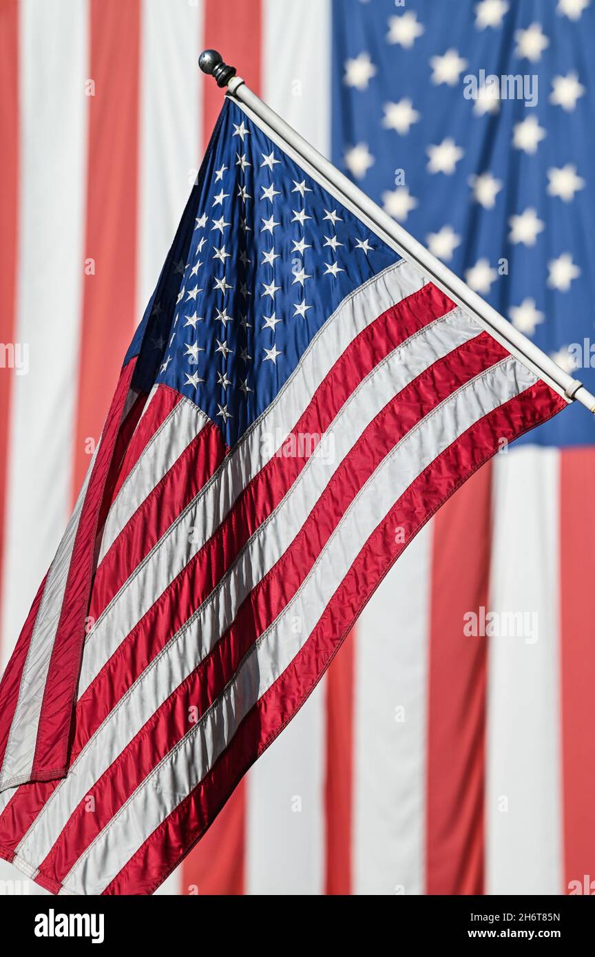 US-amerikanische Flaggen, die am Veterans Day (der US-Version des Waffenstillstandstages), Barre, VT, USA, fliegen. Stockfoto