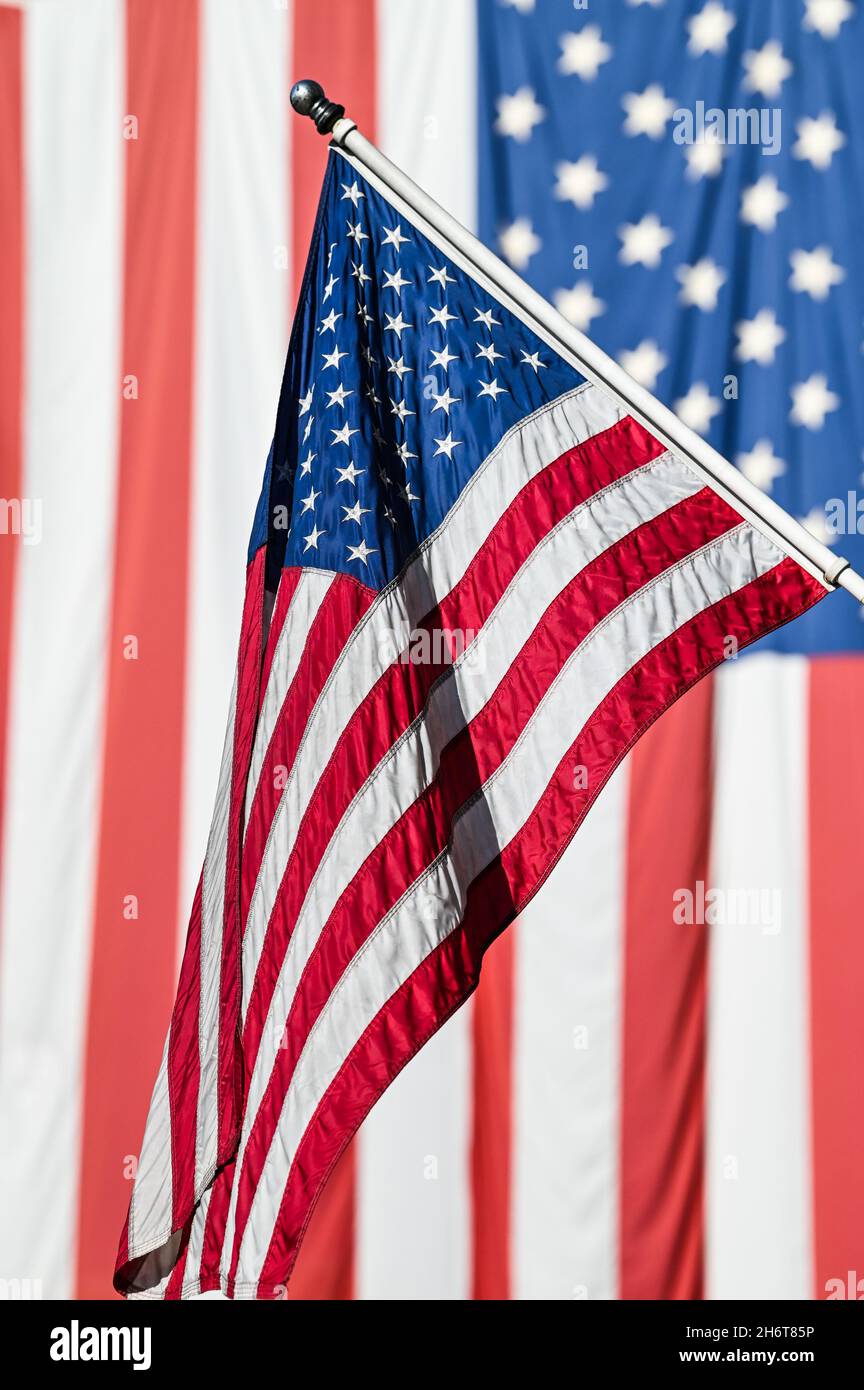 US-amerikanische Flaggen, die am Veterans Day (der US-Version des Waffenstillstandstages), Barre, VT, USA, fliegen. Stockfoto
