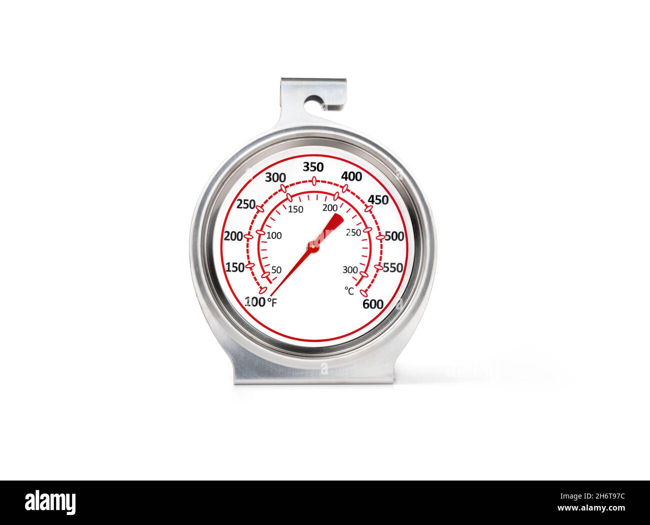 Ofenthermometer mit analogem Ziffernblatt und rotem Pfeil. Kochen Küchengerät, um die Genauigkeit von hohen Temperaturen in Fahrenheit und Celsiu zu messen oder zu testen Stockfoto