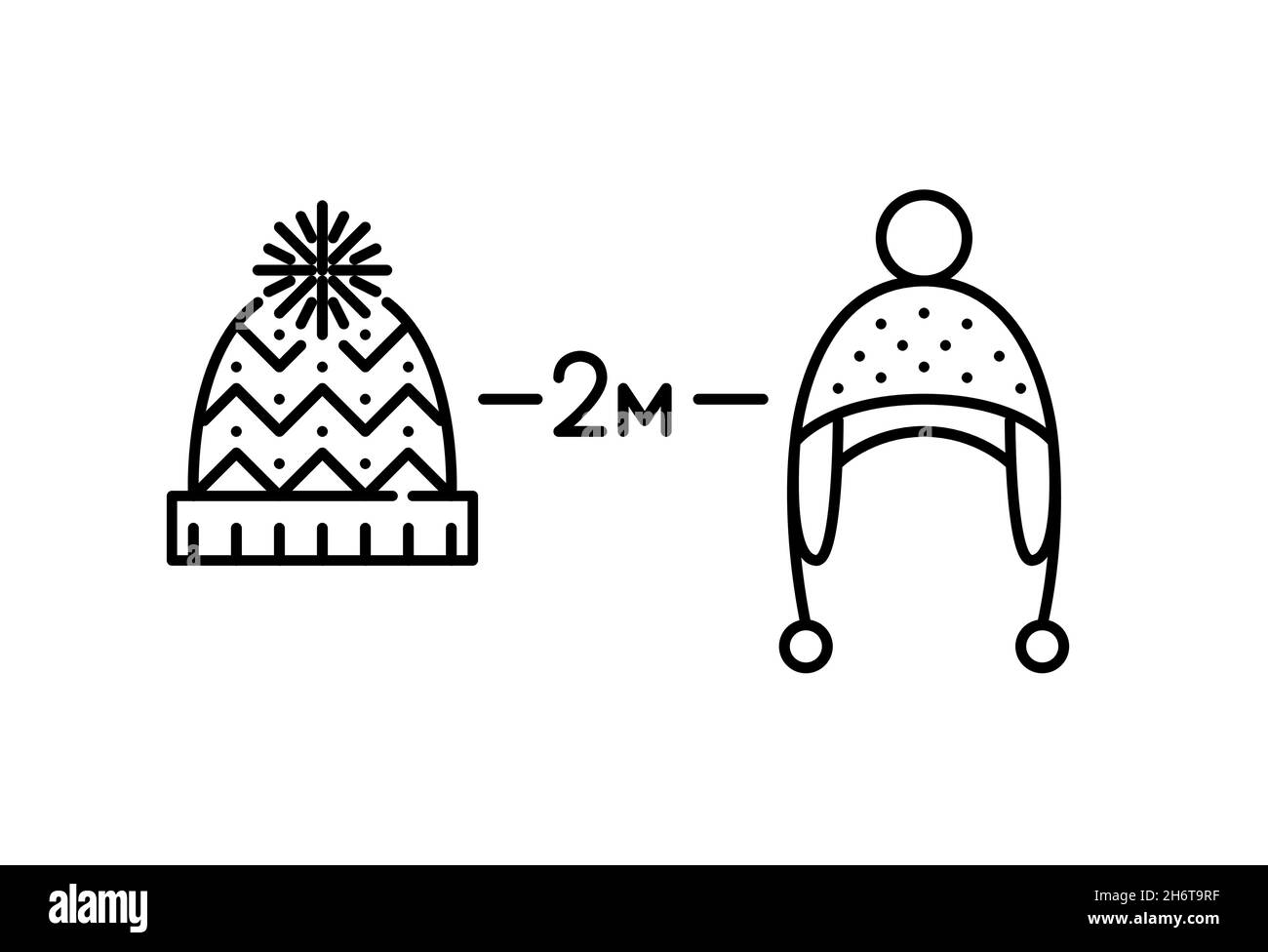 Weihnachtsfeier soziale distanzierende Warnplakat mit Strickmützen. Maßnahmen zur Beendigung der Ausbreitung einer kovidierten Pandemie. Pixel-perfekte, bearbeitbare Kontursymbole Stock Vektor