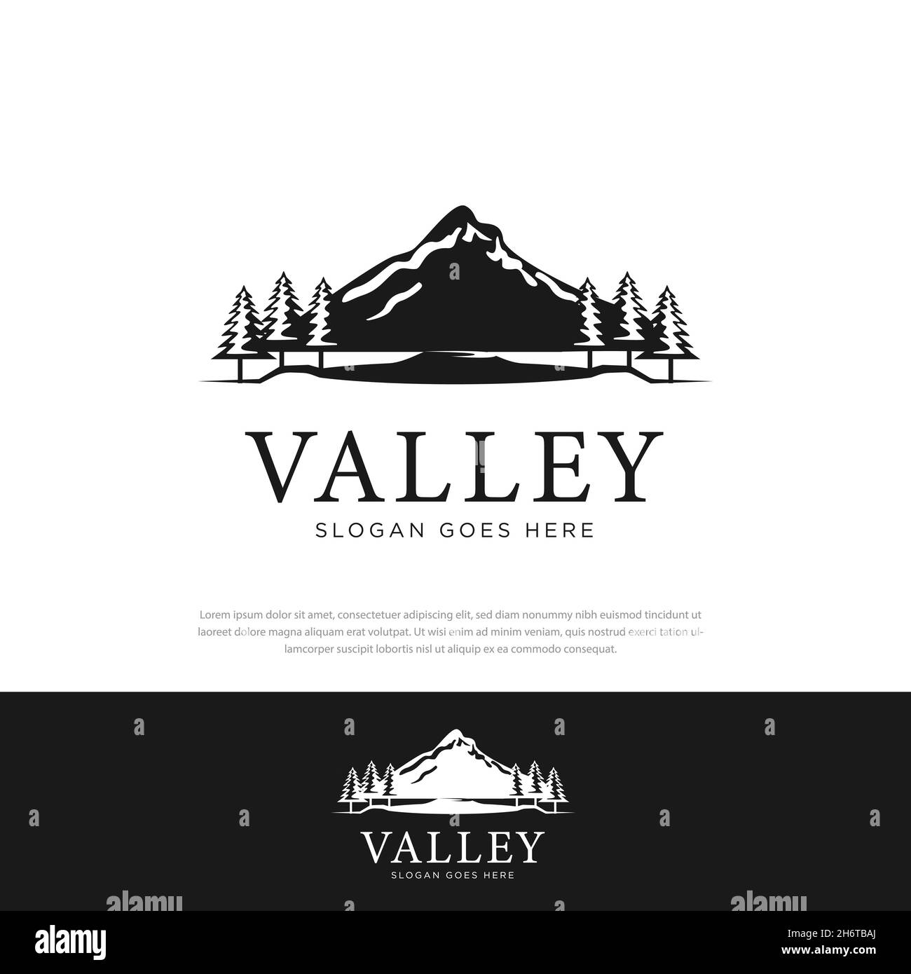 Vektor-Illustration Logo mit natürlicher Landschaft von Bergen See. Berge Illustration Design Stock Vektor