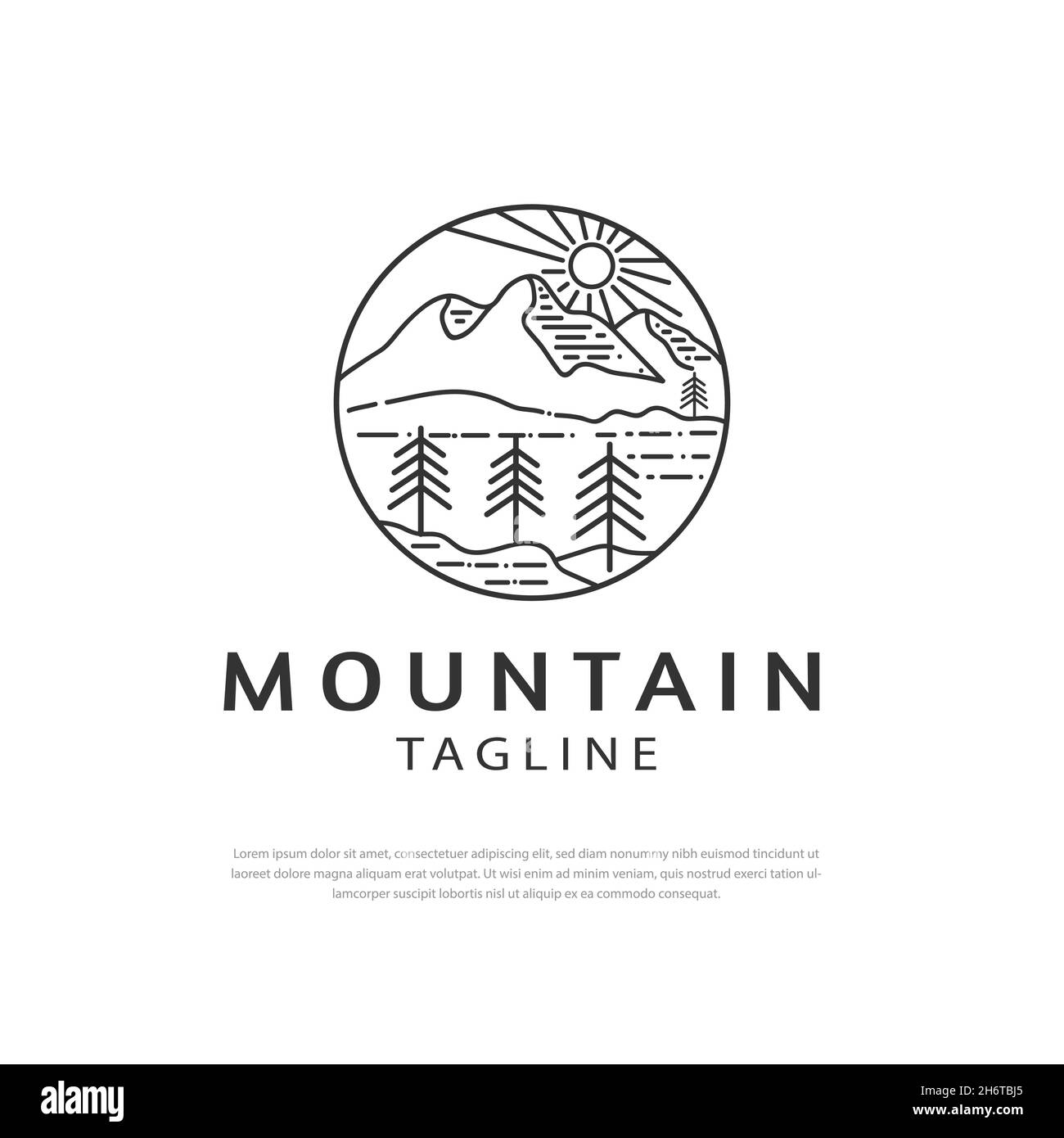Berge-Logo in einfacher Linie style.Sun, Bäume, Fluss, Himmel, Vektor-Illustration auf weißem Hintergrund, Camping, Berge Reise-Logo-Design Stock Vektor
