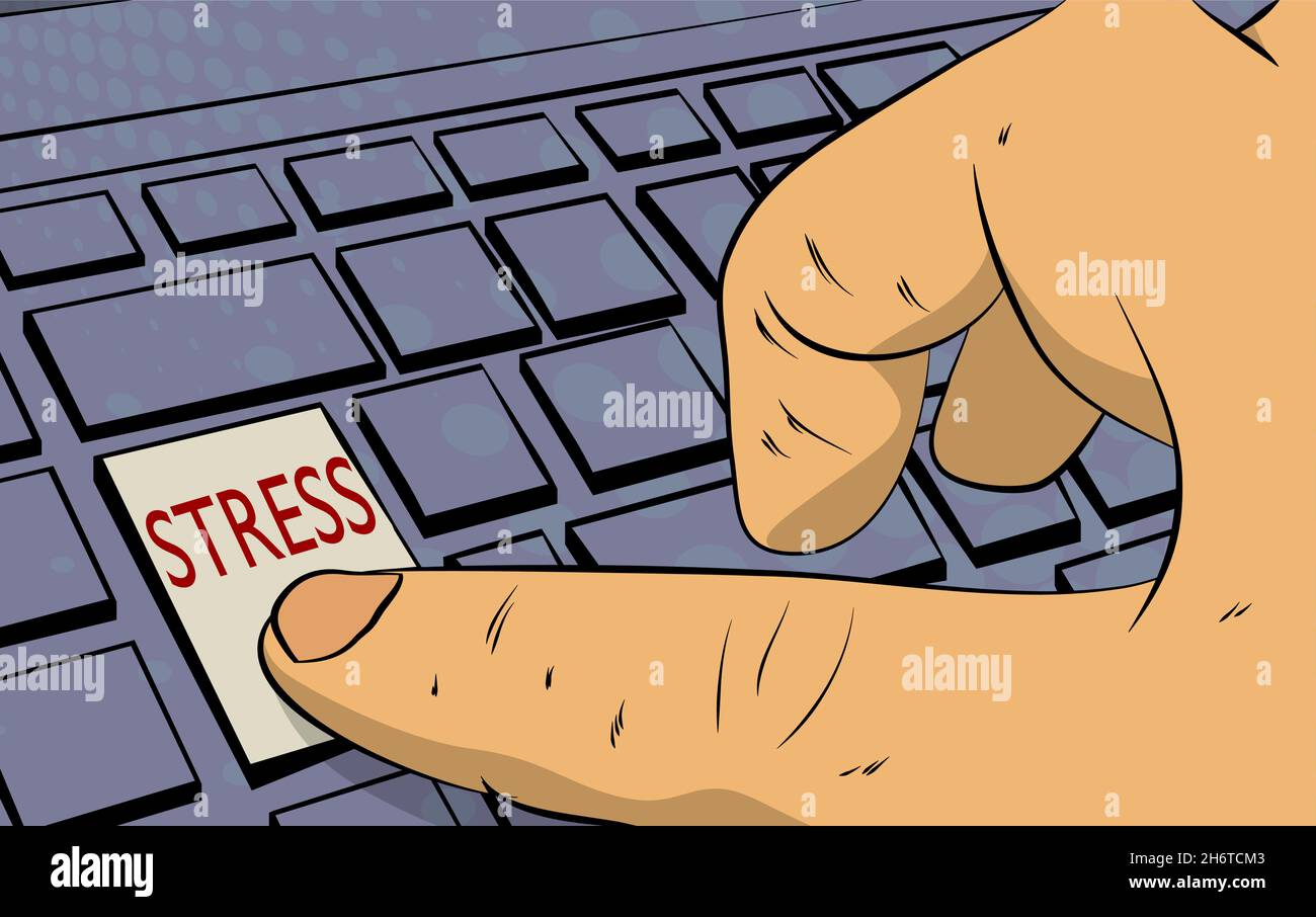 Stresswort auf der Computertastatur. Mann drückt Tastatur auf Laptop. Konzept im Comic-Stil. Stock Vektor