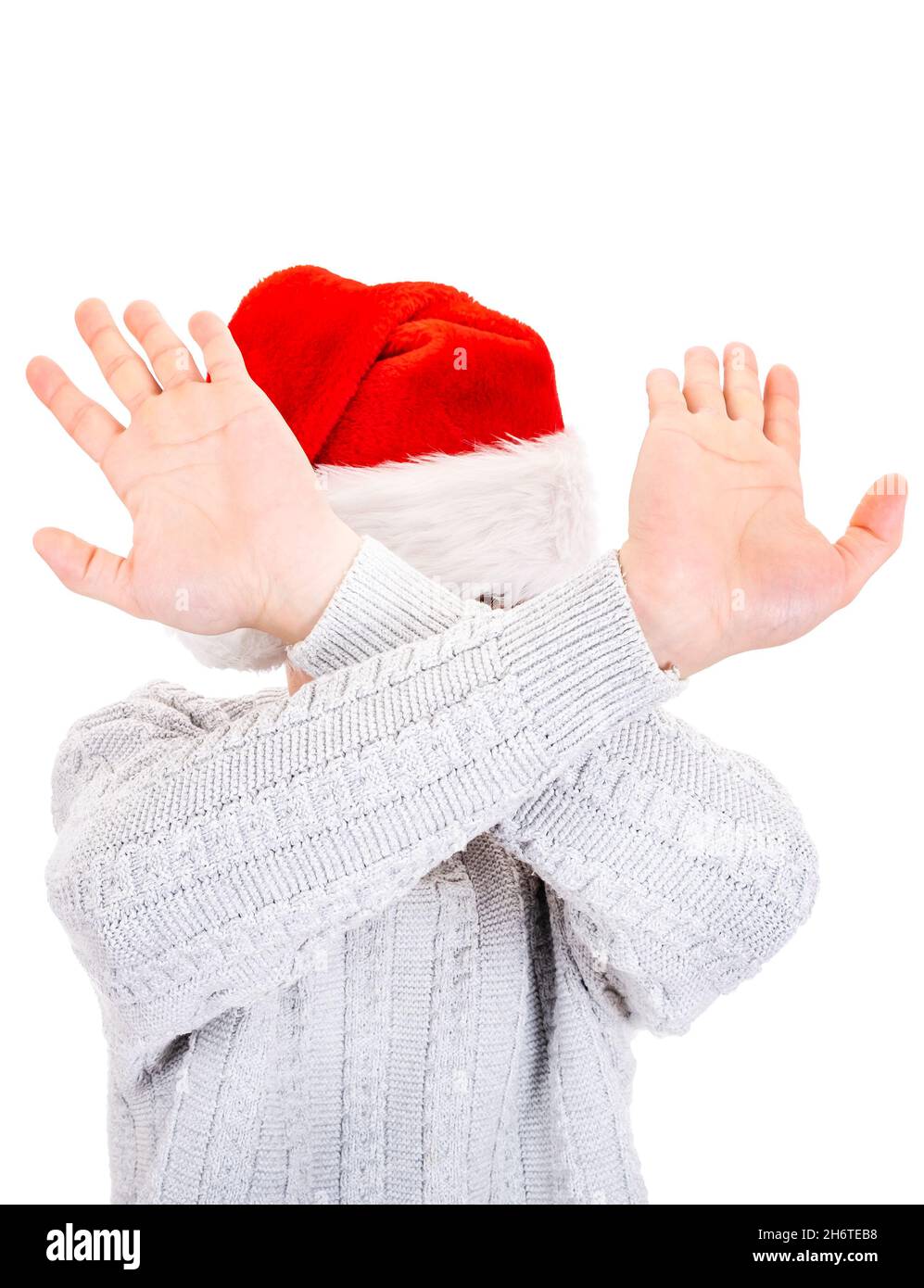 Der Mann in Santa hat zeigt eine Abweigerungsgeste mit isolierten Händen auf dem weißen Hintergrund Stockfoto