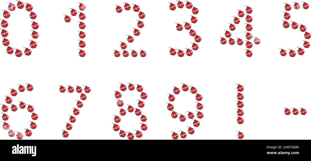 Zahlen aus Weihnachtskugel. Festliche Schrift oder Dekoration für Neujahr und Weihnachten oder Winterurlaub. Vektorgrafik flach Stock Vektor