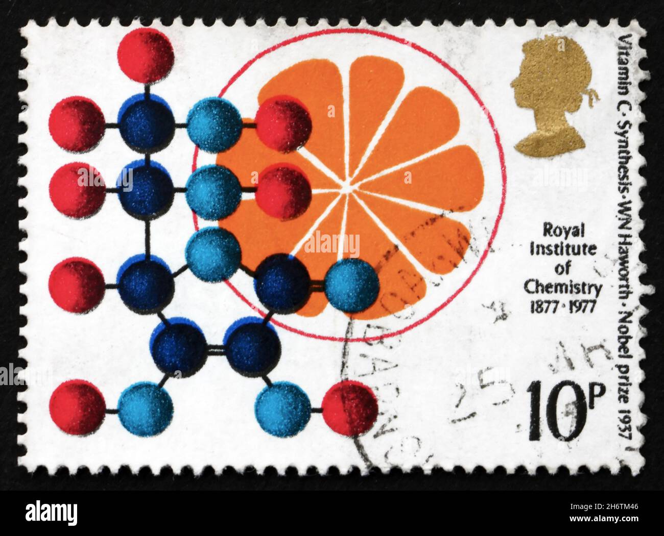 GROSSBRITANNIEN - UM 1969: Eine in Großbritannien gedruckte Marke zeigt Vitamin C Synthese, Formel und Orange, Walter Norman Haworth, 1937 Nobel Priz Stockfoto