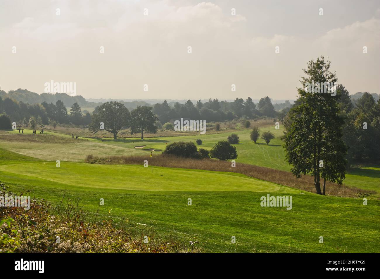 Neblige Landschaft und Golfplatz auf South Downs in der Nähe von Worthing in West Sussex, England. Nicht erkennbare Golfer auf dem Platz. Stockfoto