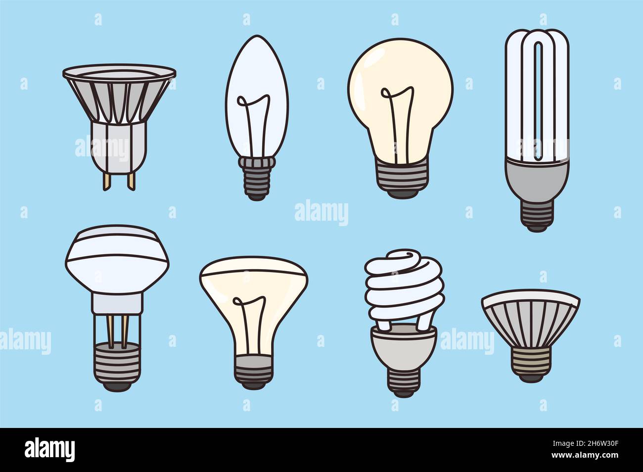 Beleuchtung und Strom Licht Konzept. Satz von verschiedenen Lampen Erleuchtung für Zuhause von verschiedenen Formen und Farben über blauen Hintergrund Vektor-Illustration Stock Vektor