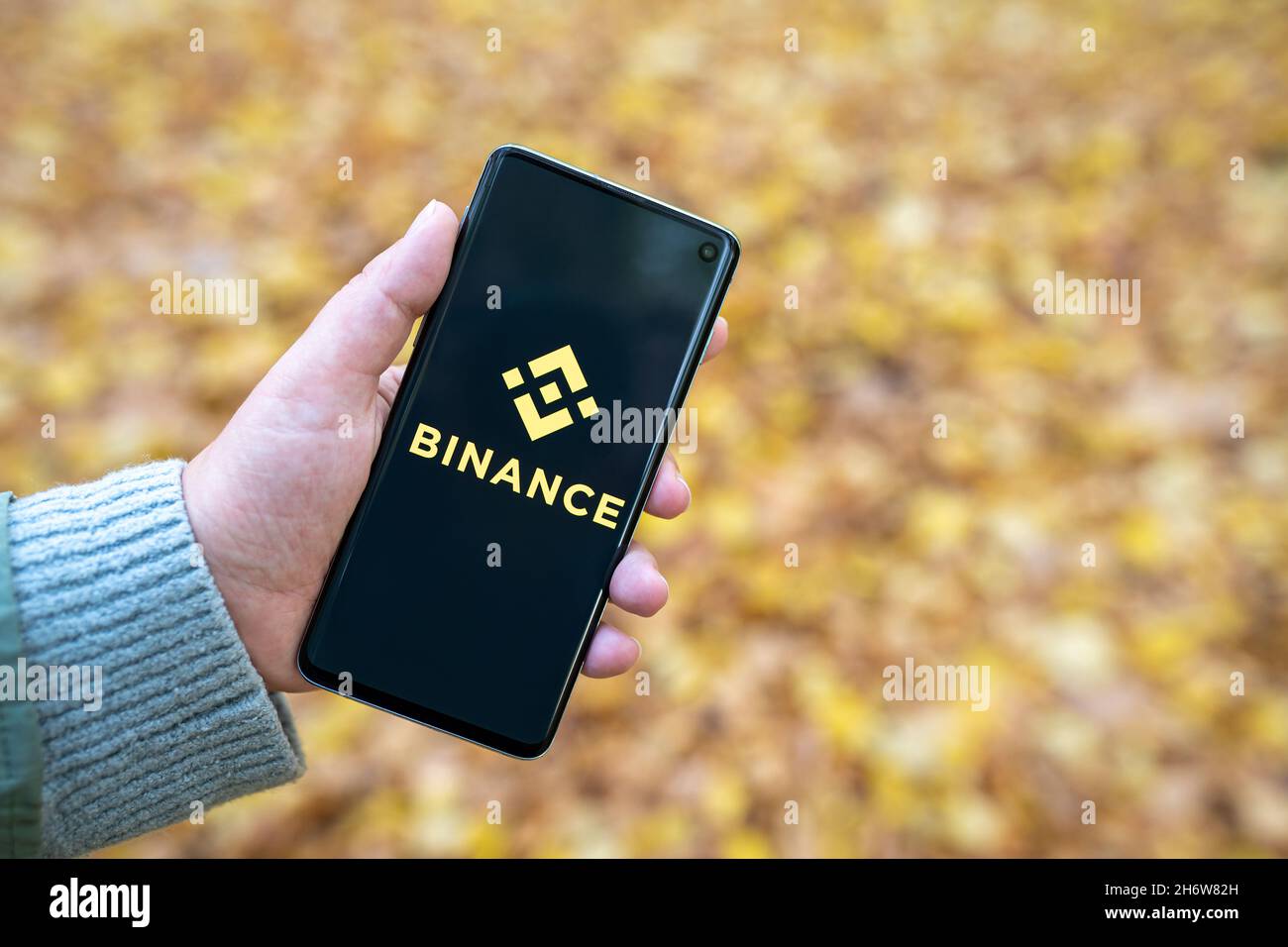 Binance App-Logo auf dem Smartphone in der Hand einer Frau mit verwackelten gelben Herbstlaub Hintergrund. Kryptowährungsbörse, Handelsplattform. Warschau, Polen - 19. Oktober 2021 Stockfoto