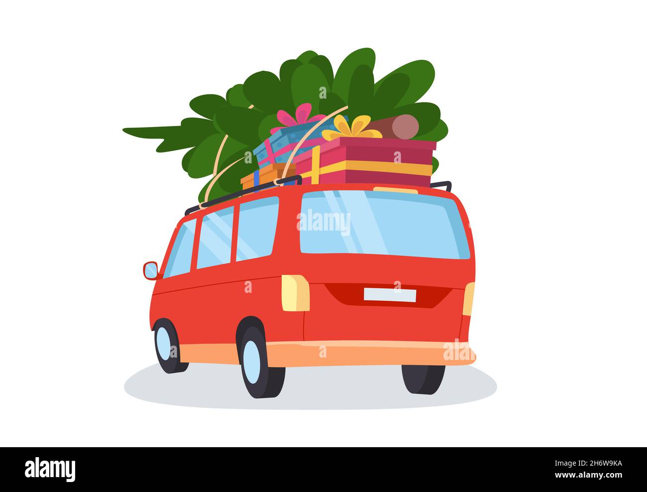 Auto mit Geschenken und weihnachtsbaum. Ein süßer roter Van. Flache Vektorgrafik im Cartoon-Stil. Stock Vektor