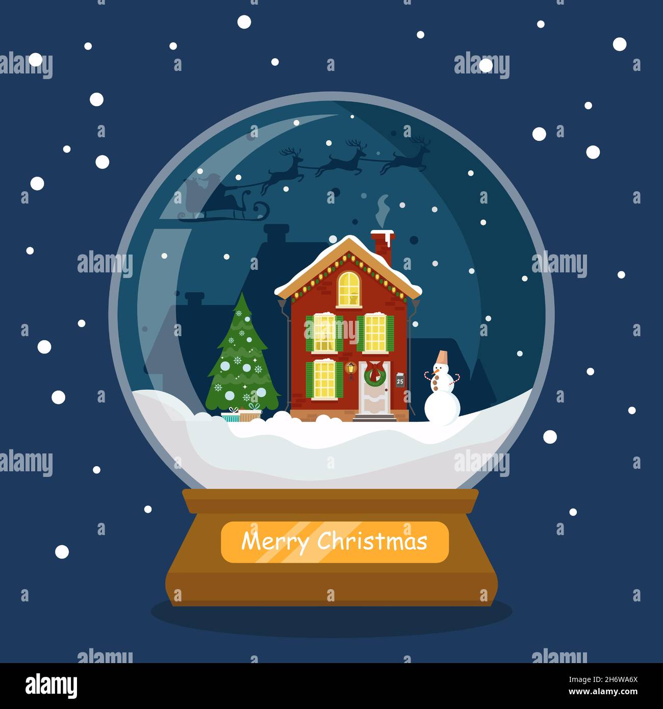 Glas-Schneekugel mit Haus, Weihnachtsbaum und Schneemann. weihnachtsmann und Rentiere. Vektorgrafik in einem flachen Stil. Stock Vektor