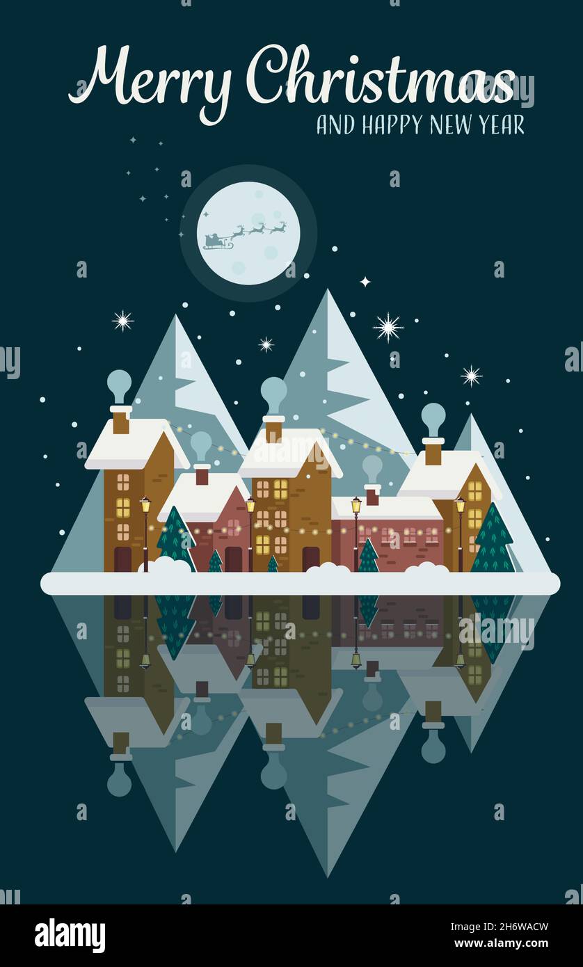 Grußkarte mit nächtlich dekorierter Winterstadt, Bergen und Laternen. Mond mit Weihnachtsmann und Hirsch. Vektorgrafik in einem flachen Stil. Stock Vektor
