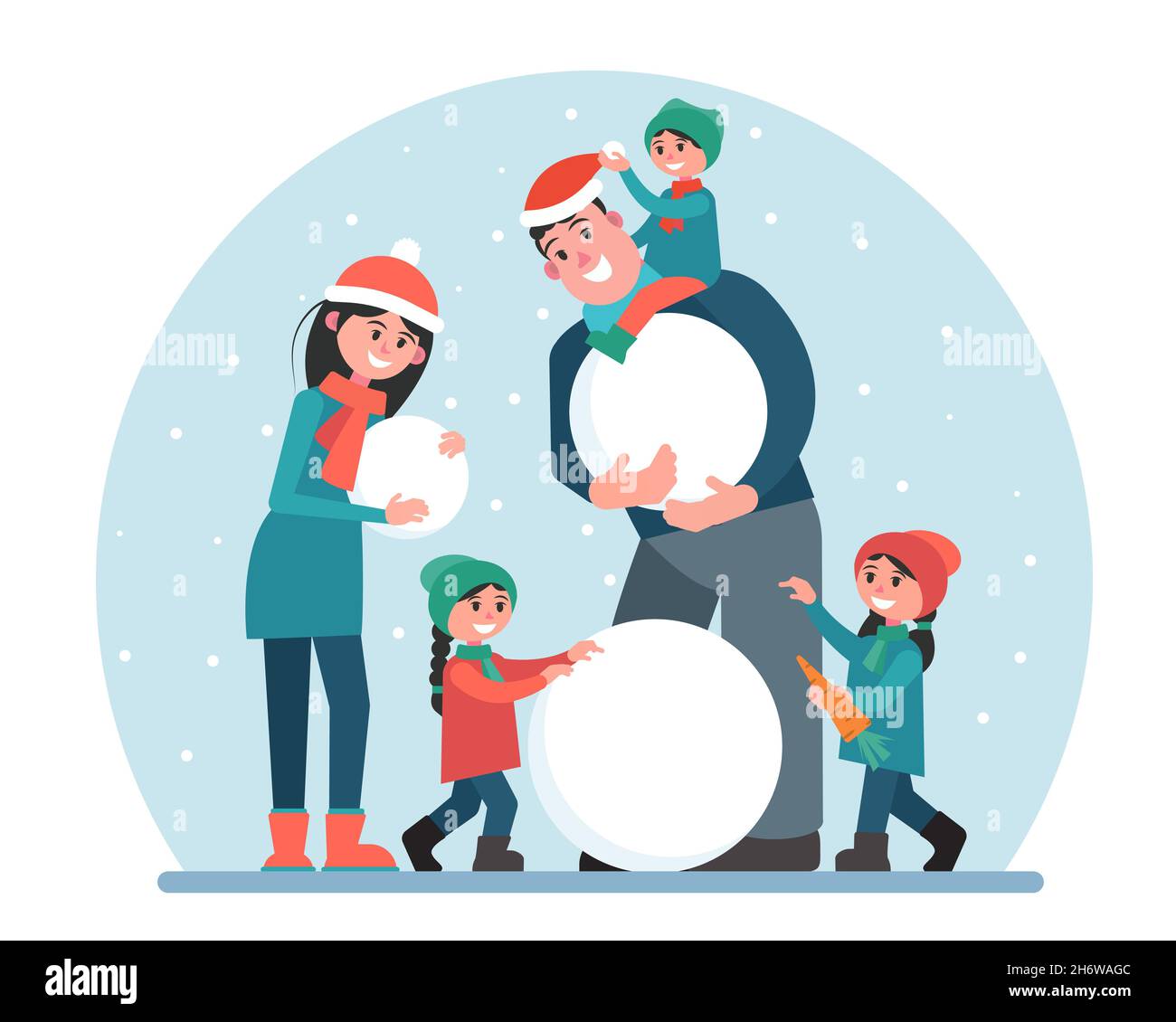 Glückliche Familie macht einen Schneemann. Eltern und Kinder ruhen sich aktiv an der frischen Luft aus. Weihnachtstraditionen und Entspannung. Vektorgrafik. Stock Vektor