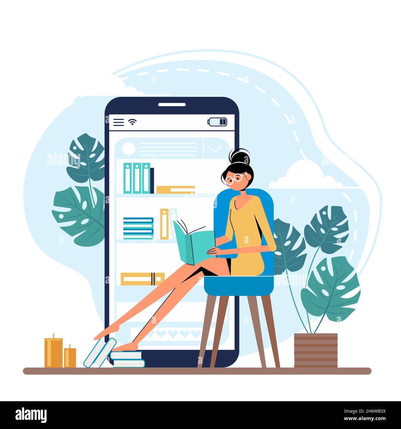 Frau liest ein Buch auf dem Hintergrund eines Smartphones. Online-Bibliothek von Büchern. Vektorgrafik im flachen Stil. Stock Vektor