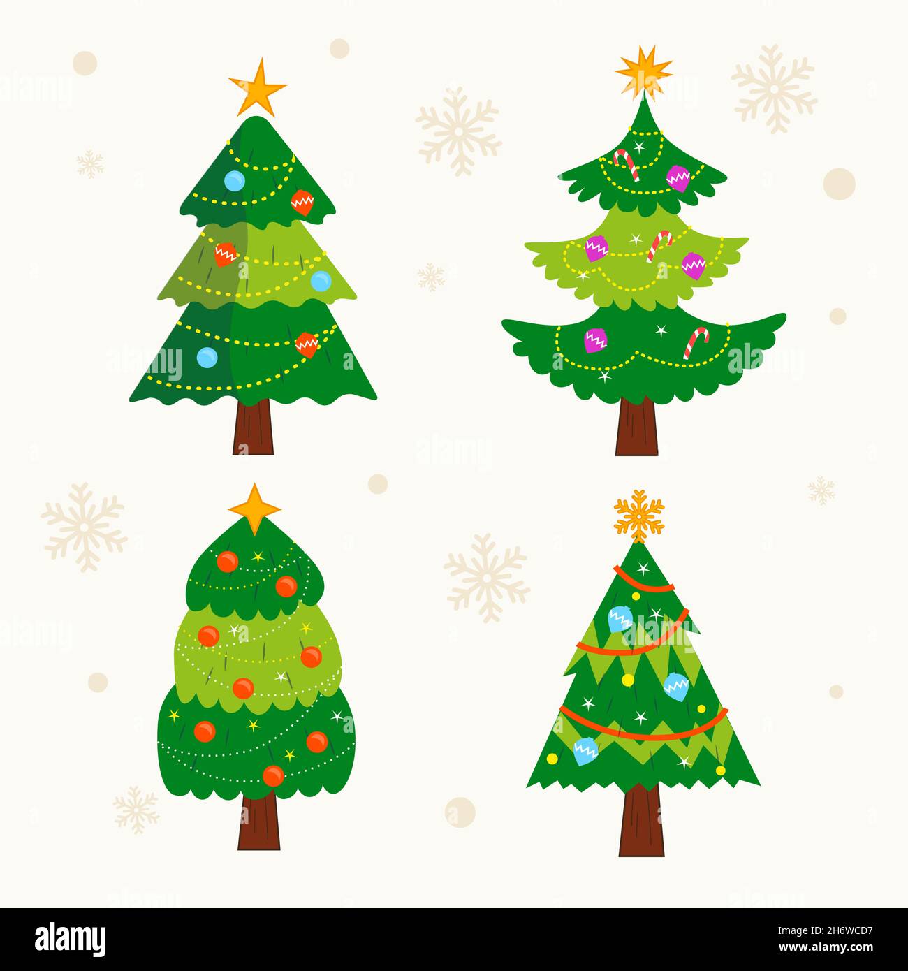 Verzierte weihnachtsbäume Set Vektor-Illustration. Stock Vektor