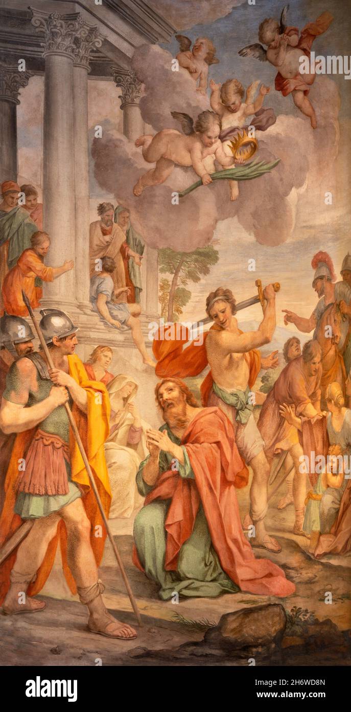 ROM, ITALIEN - 28. AUGUST 2021: Fresko der Enthauptung des heiligen Paulus in der Kirche Chiesa San Paolo alla Regola von Luigi Garzi (1638 – 1721). Stockfoto