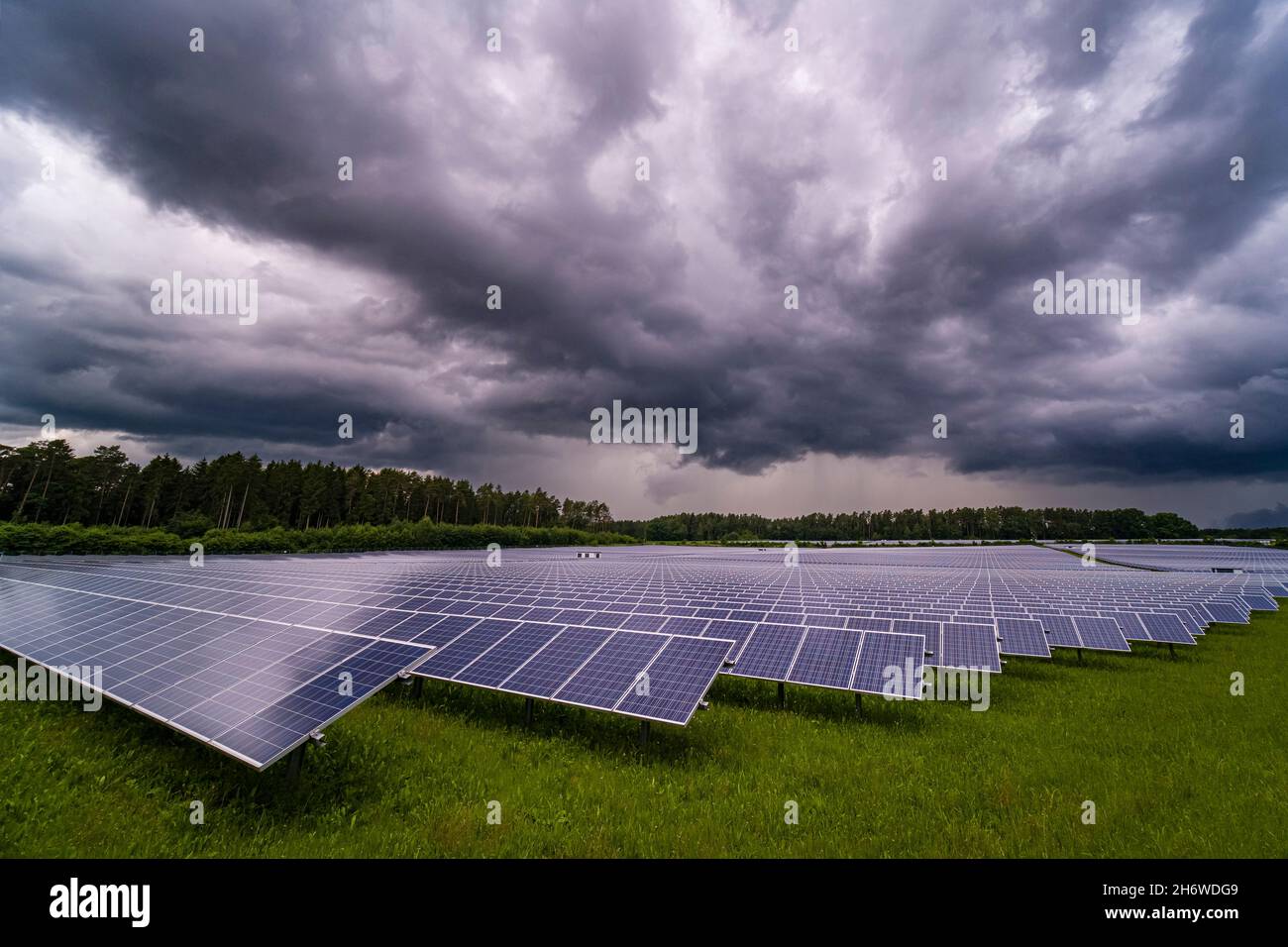 Dunkles Gewitter und Regenwolken über einem großen Solarkraftwerk. Stockfoto