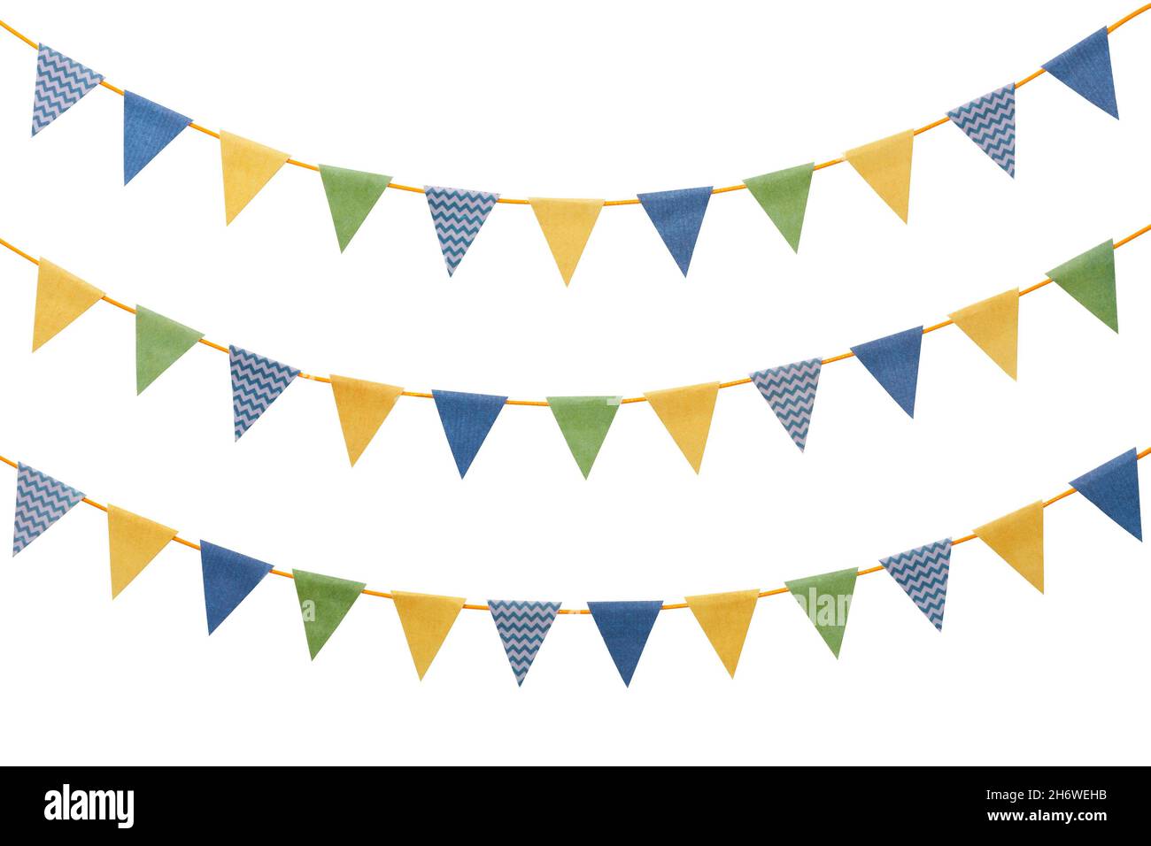 Bunting Party Flaggen aus Sammelalbum Papier isoliert auf weißem Hintergrund Stockfoto