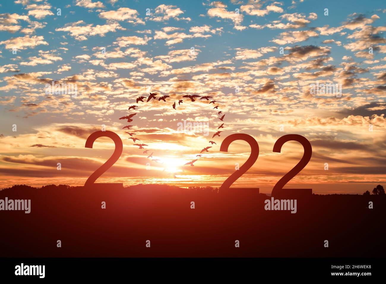 Konzept des neuen Jahres 2022. Silhouette von fliegenden Scharen Vögel in Form Herz mit 2022 vor blauem Himmel Hintergrund. Stockfoto