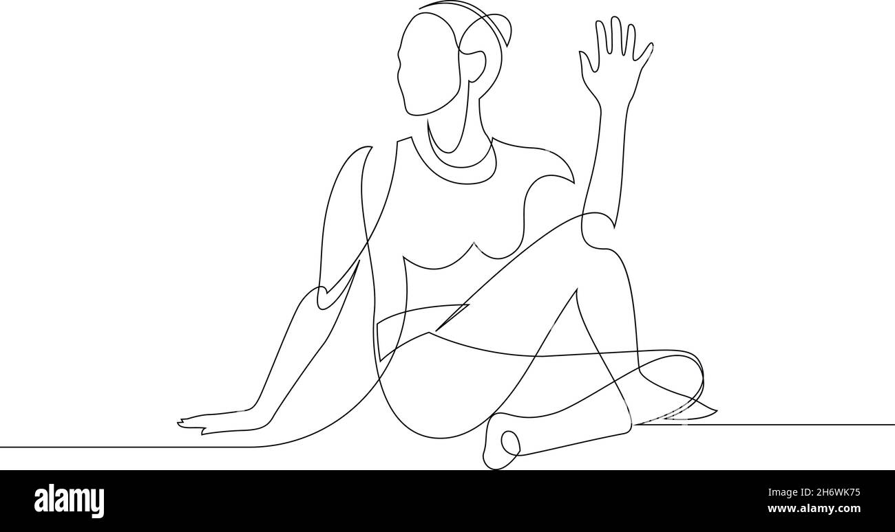 Frau macht Yoga Half Spinal Twist Pose. Fortlaufende Linienzeichnung. Yoga-Klasse Übungskonzept. Vektorgrafik. Stock Vektor