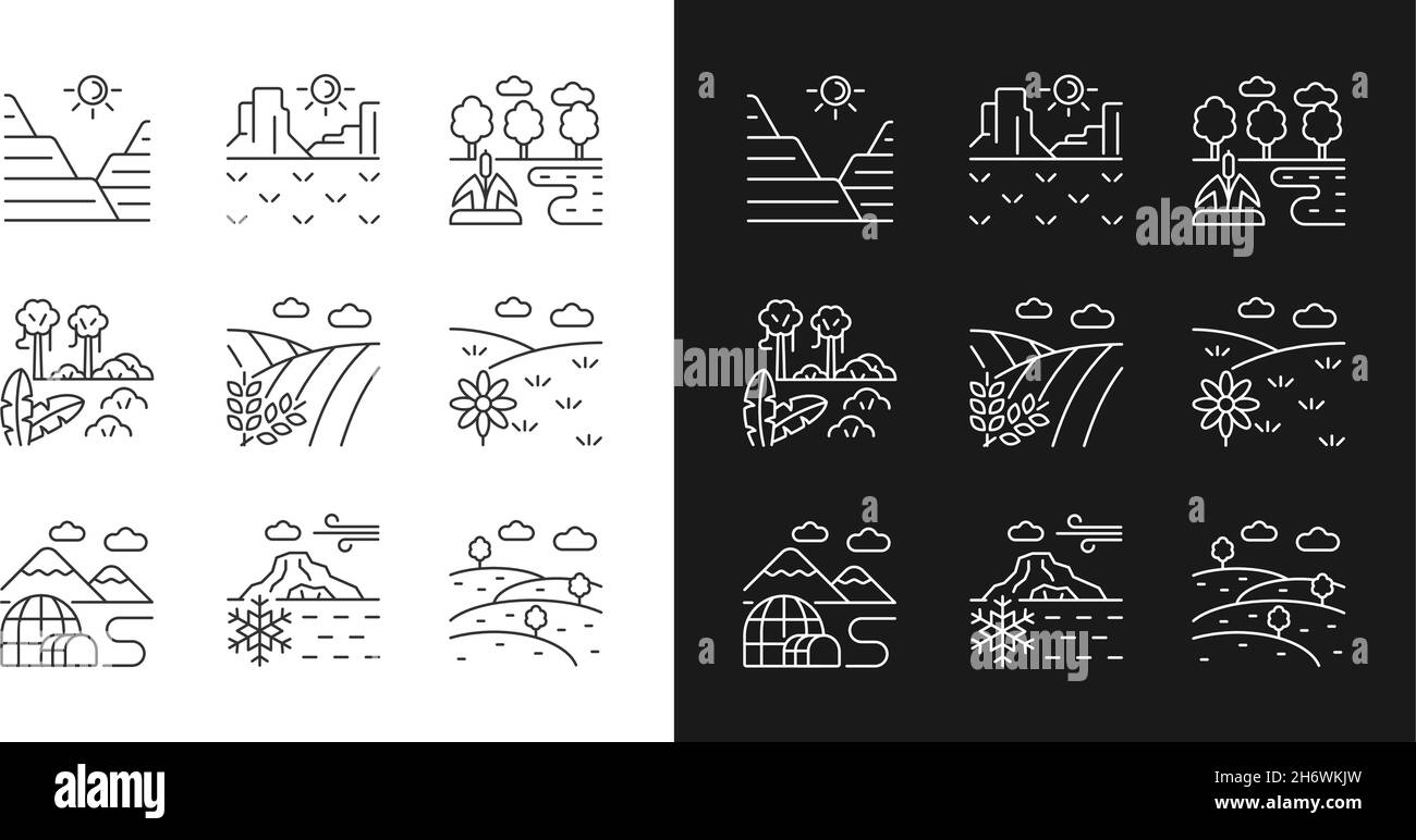 Lineare Symbole für Biomere und Landformen, die für den Dunkel- und Lichtmodus eingestellt sind Stock Vektor