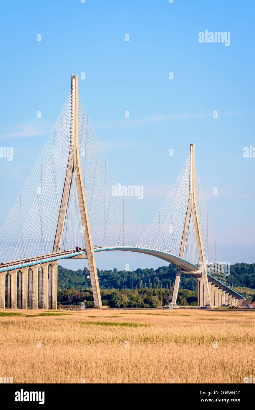 Gesamtansicht der Normandie-Brücke, einer Seilbahnbrücke über die seine, die Le Havre mit Honfleur in Frankreich verbindet. Stockfoto