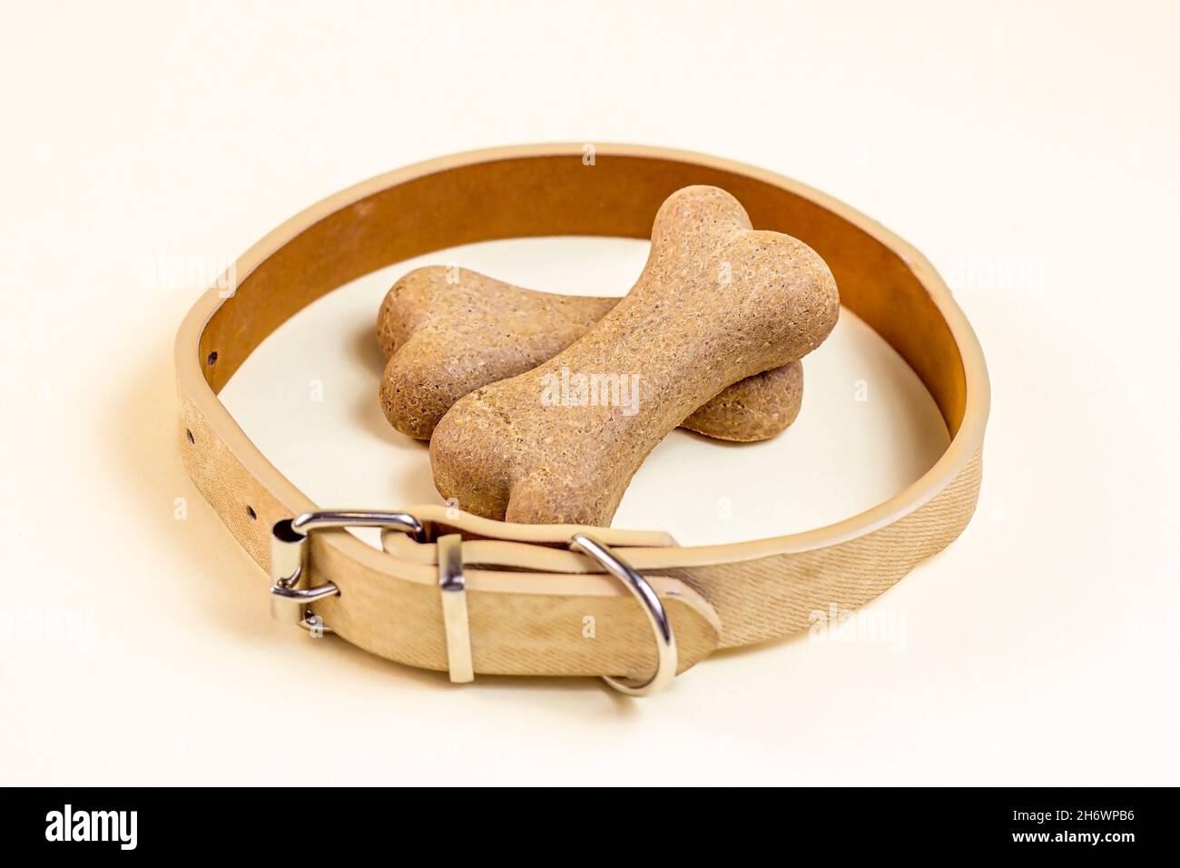 Braune Keksknochen für Hunde beiges Halsband auf hellem Hintergrund. Hunde- und Welpenfutter, gesunde Leckereien. Stockfoto