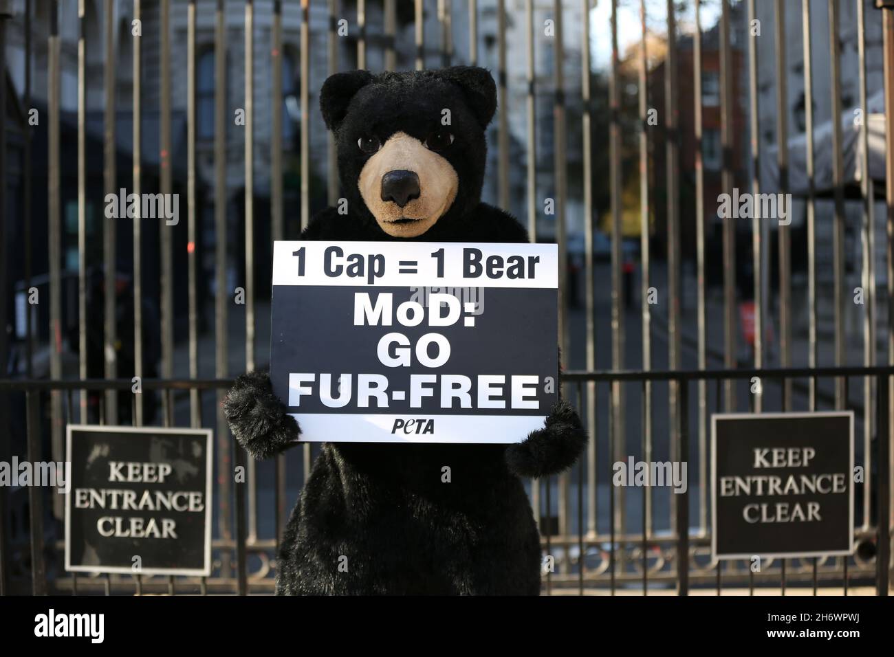 Ein als Bär gekleideter Aktivist hält ein Plakat, das seine Meinung während der People for the Ethical Treatment of Animals (PETA) ‘Bear’ an Boris Johnson ausdrückt: ‘Rette meine Haut! Demonstration in London. (Foto von Pietro Recchia / SOPA Images/Sipa USA) Stockfoto