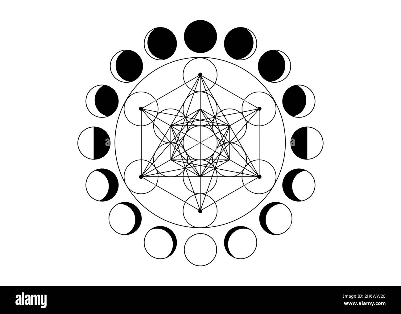 Metatrons Cube, Blume des Lebens. Heilige Geometrie, Mondphasen, geometrische Elemente. Mystische Ikone platonische Körper, abstrakte geometrische Zeichnung, Kornkreis Stock Vektor