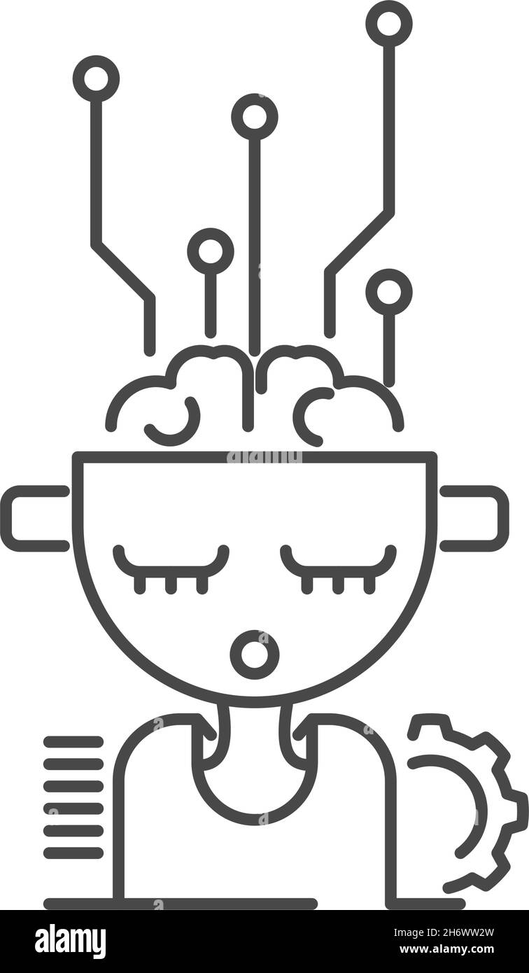 Künstliche Intelligenz KI und Machine Learning Konzept. Cyborg-Symbol. Skizzieren Sie die flache Abbildung mit dünnen Linien. Isoliert auf weißem Hintergrund. Stock Vektor