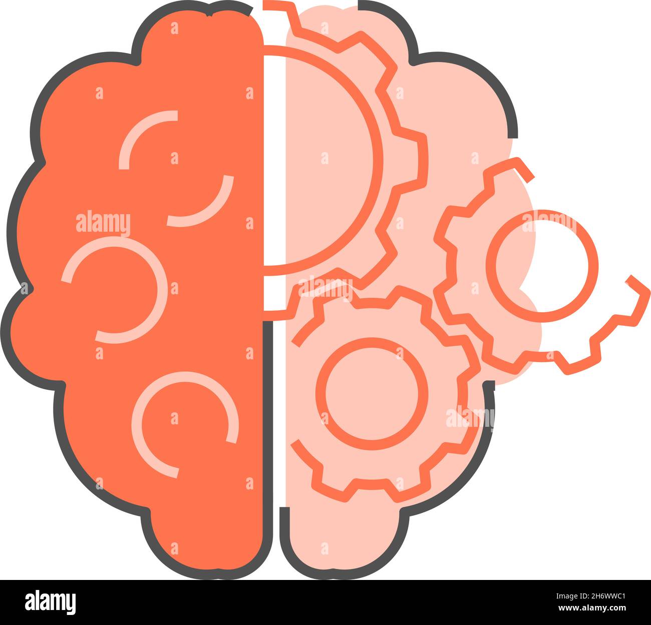 Menschliches Gehirn mit Zahnrädern. Kreative Ideengenerierung und Konzept für Hirnmechanismen. Flache Illustration. Isoliert auf weißem Hintergrund. Stock Vektor