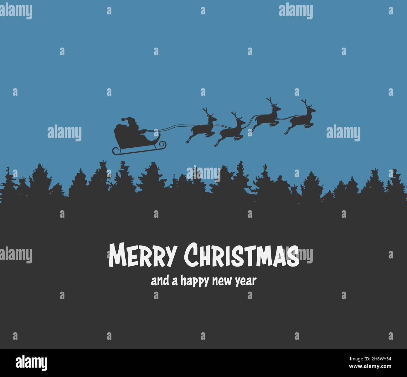 Weihnachtskarte mit Silhouette des Weihnachtsmannes im Schlitten, der von Rentieren über Waldbäumen gezogen wird, Vektorgrafik Stock Vektor