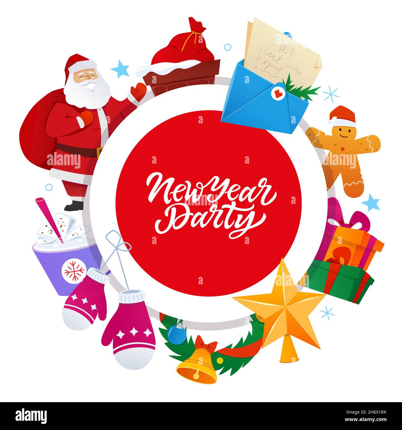 Frohe Weihnachten - farbiges Banner im flachen Design. Festliche Neujahrssymbole, die um den roten Punkt gelegt werden. Weihnachtsmann, Schlitten mit Geschenken, Lebkuchen ma Stock Vektor