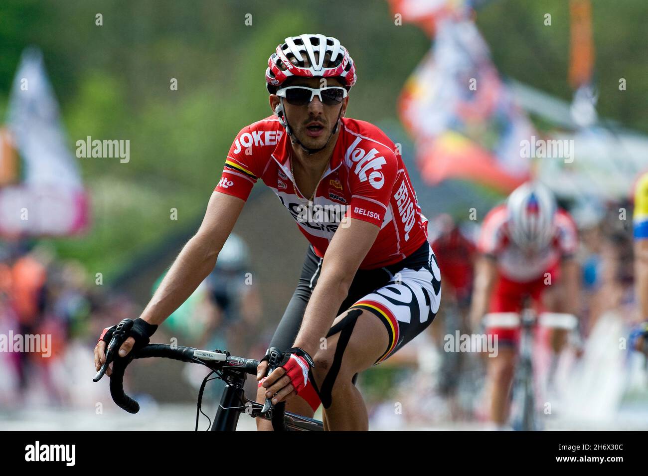 23.04.2014 Huy, Belgien. Jelle Vanendert (Lotto Belisol) während der Ausgabe 78th der La Fleche Wallonne von Bastogne nach Huy. Stockfoto