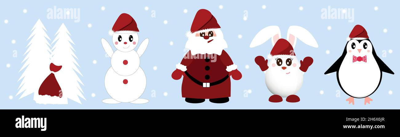 Vektorkollektion Weihnachten und Neujahr. Lustige Weihnachtsmann und Winter Weihnachtstiere, Pinguin, Kaninchen, Schneemann und Weihnachtsbaum mit einer Tüte GI Stock Vektor
