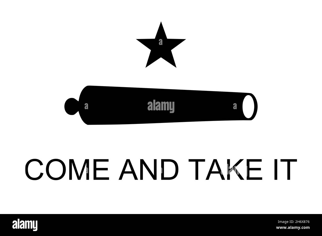Draufsicht auf Texas Flag Come and Take IT, USA Flag, kein Fahnenmast. Ebene Design Layout Flag Hintergrund Stockfoto