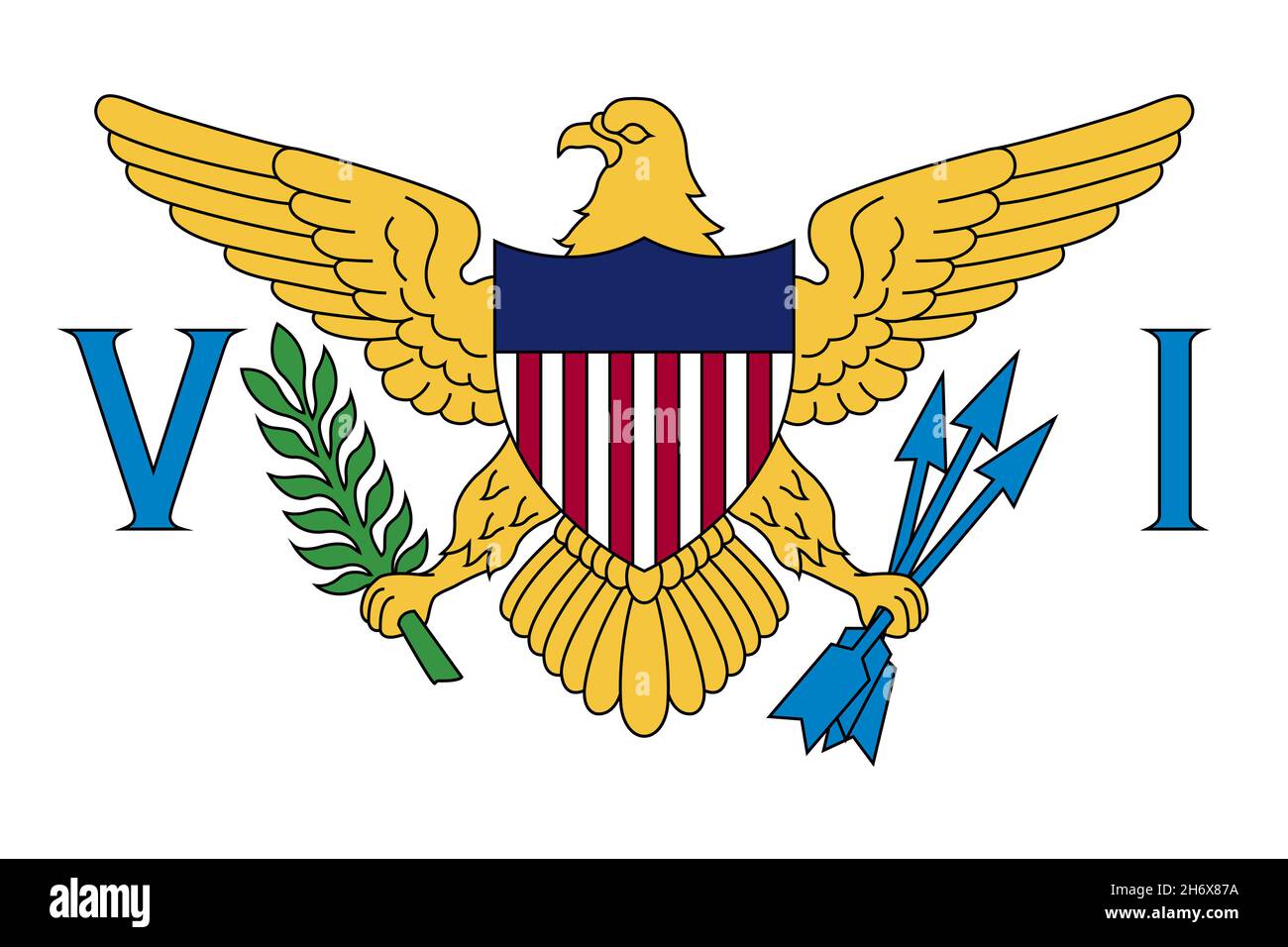 Draufsicht auf die amerikanischen Jungferninseln, US-Flagge, kein Fahnenmast. Ebene Design Layout Flag Hintergrund Stockfoto