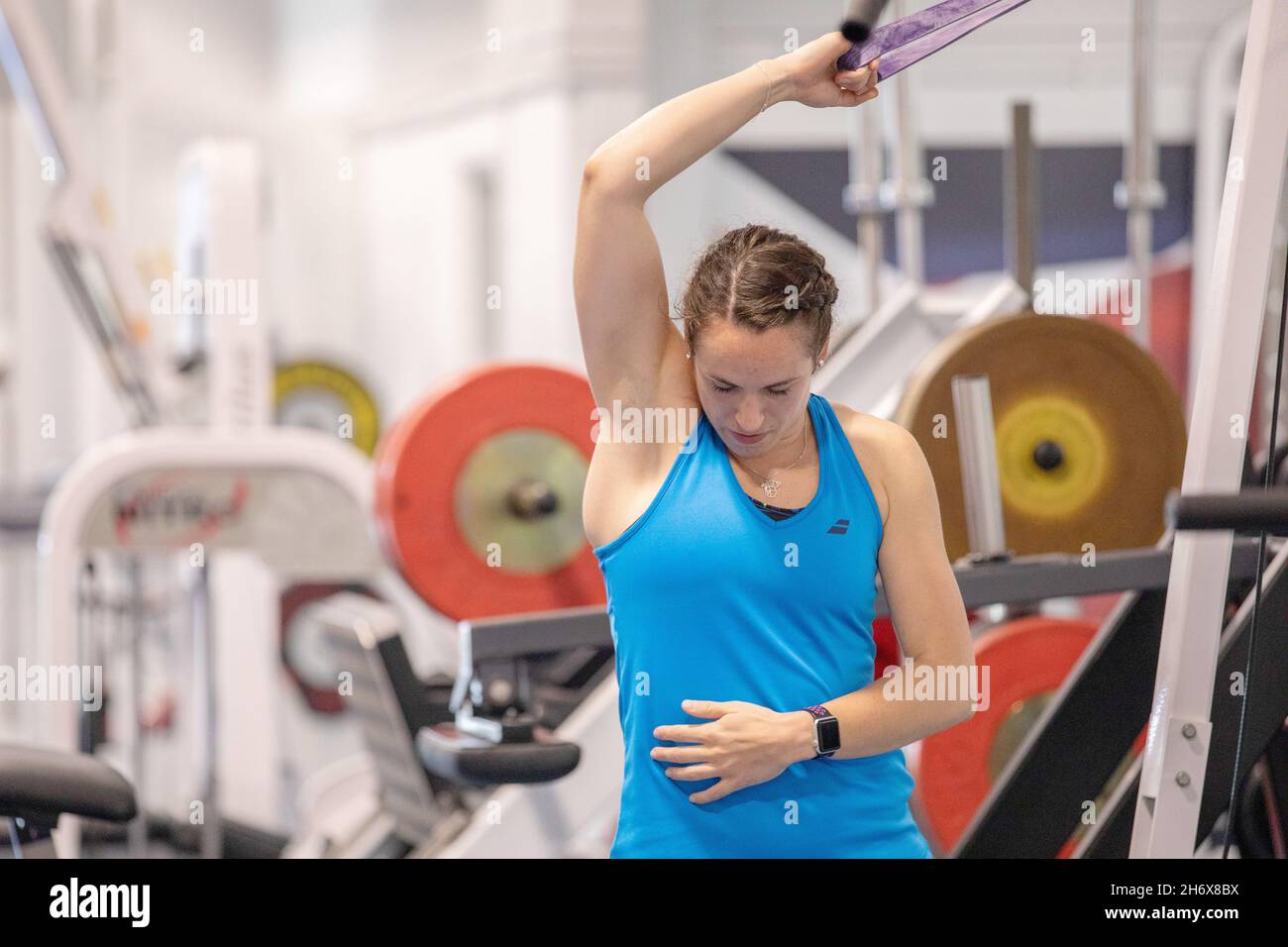 02/06/21 - der englische Badminton-Spieler Chloe Birch während eines Rundkurs-Trainings im National Badminton Center in Milton Keynes. Stockfoto