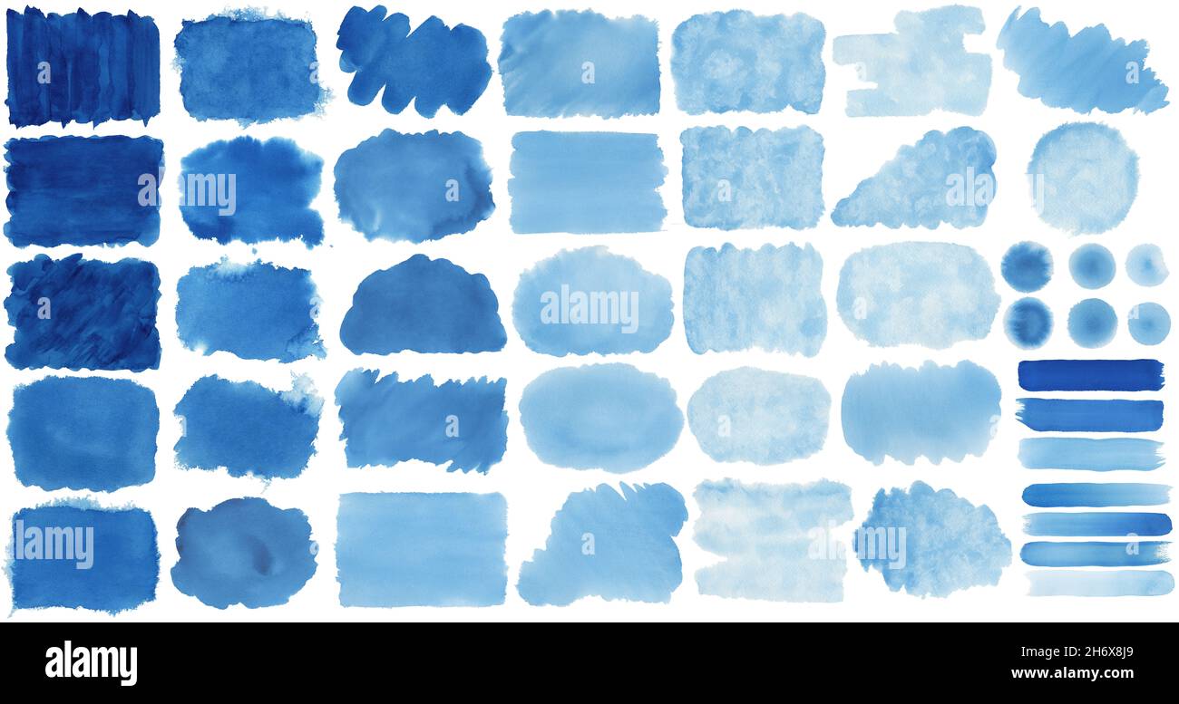 Sammlung von Hand - blau Aquarell gemalt Bürsten, Schlieren, Blobs, Flecken, Kreise, Streifen, Aufkleber, spot, blots, Slick, Web Buttons, patch Bac Stockfoto