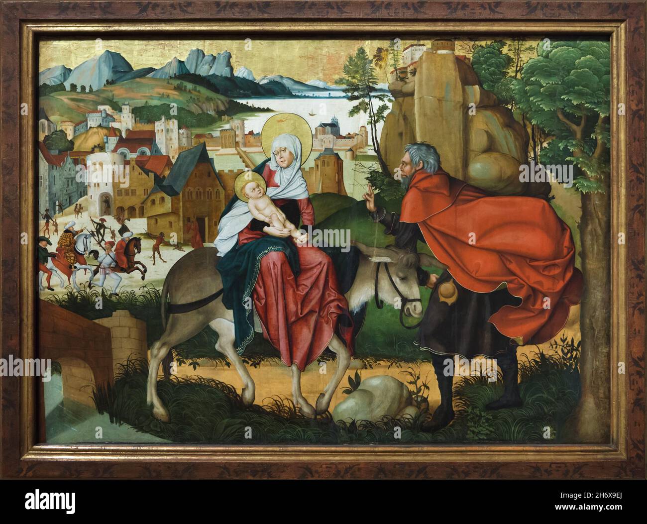 Gemälde 'Flucht nach Ägypten' aus dem Aggsbacher Altarbild des deutschen Renaissance-Malers Jörg Breu der Ältere (1501) in der Sonderausstellung im Belvedere Museum in Wien, Österreich. Die Ausstellung „das Zeitalter Dürers“, die Österreich am Tor der Renaissance gewidmet ist, läuft bis zum 22. Januar 2022. Stockfoto