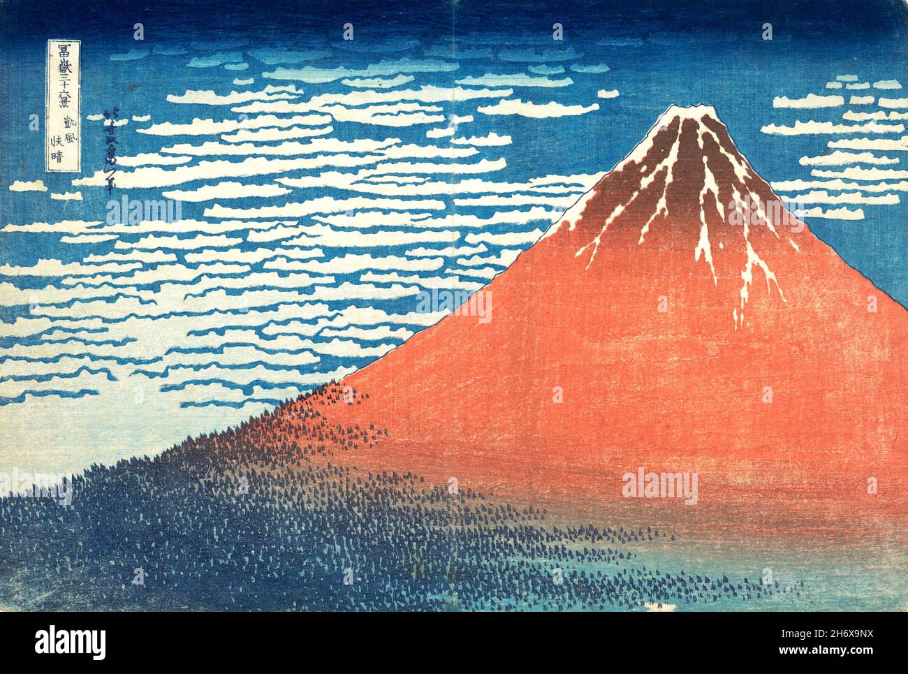 Hokusai. Südwind, klarer Himmel (Gaifū kaisei), auch bekannt als Red Fuji von Katsushika Hokusai (葛飾 北斎, c.. 1760-1849), Polychrom-Holzschnitt, Tinte und Farbe auf Papier, c. 1830-32, aus der Serie sechsunddreißig Ansichten des Fuji-Berges (Fugaku sanjūrokkei) Stockfoto