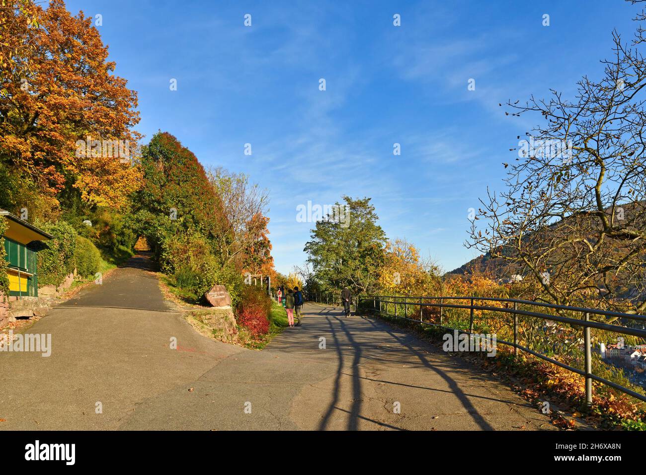 Heidelberg, Deutschland - November 2021: Pfad mit öffentlichen Gärten namens 'Philosophenweg' in der Heidelberger Stadt im Odenwald am sonnigen Herbsttag Stockfoto