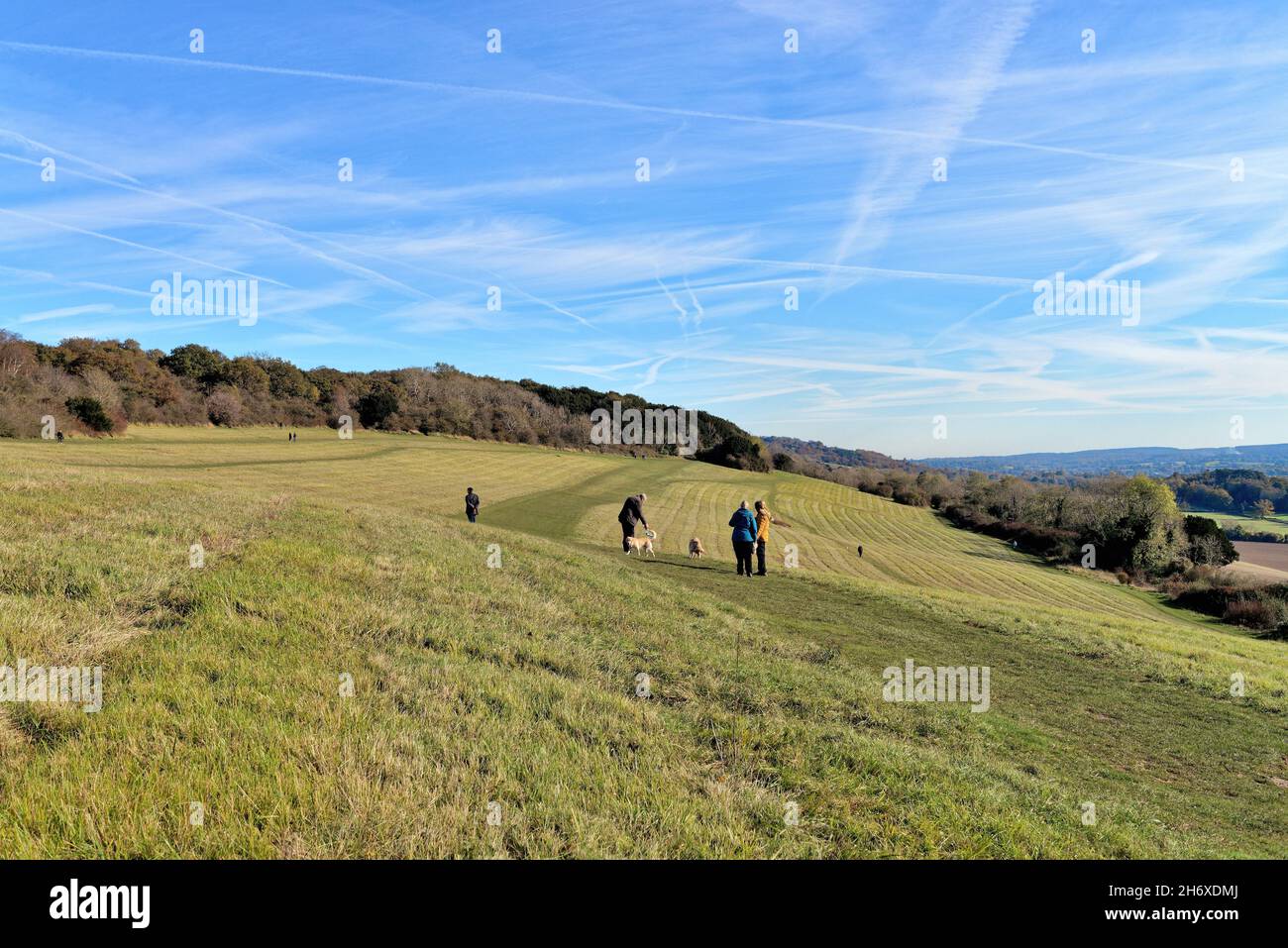 Die Albury Downs bei Newlands Corner mit Figuren, die an einem sonnigen Herbsttag in den Surrey Hills England in der Landschaft wandern Stockfoto