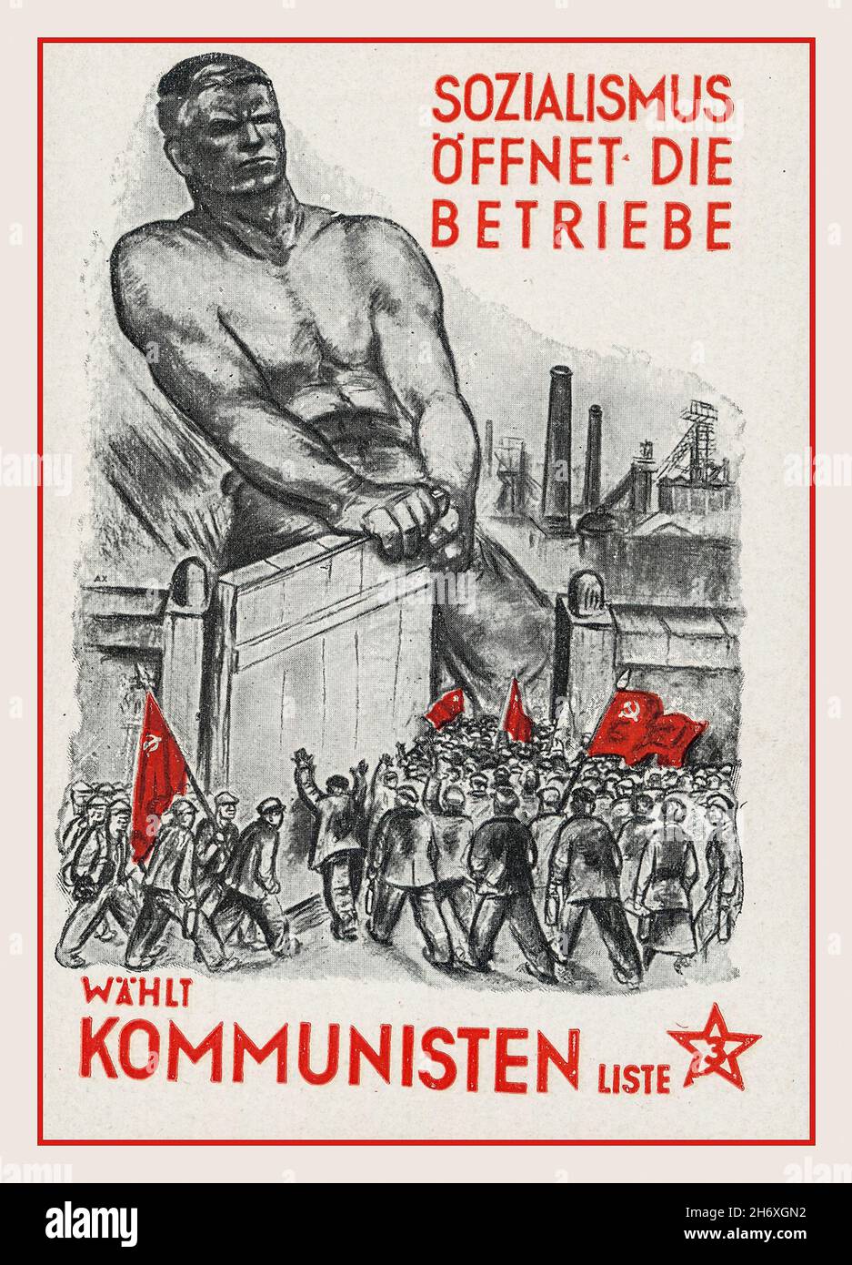 1933 Deutschland Kommunistische Partei Wahlpropaganda Plakatkarte für Stimmen der Kommunistischen Partei in Deutschland 'Sozialismus offnet die betriebe' Stimme Kommunistische Liste 3 Stockfoto