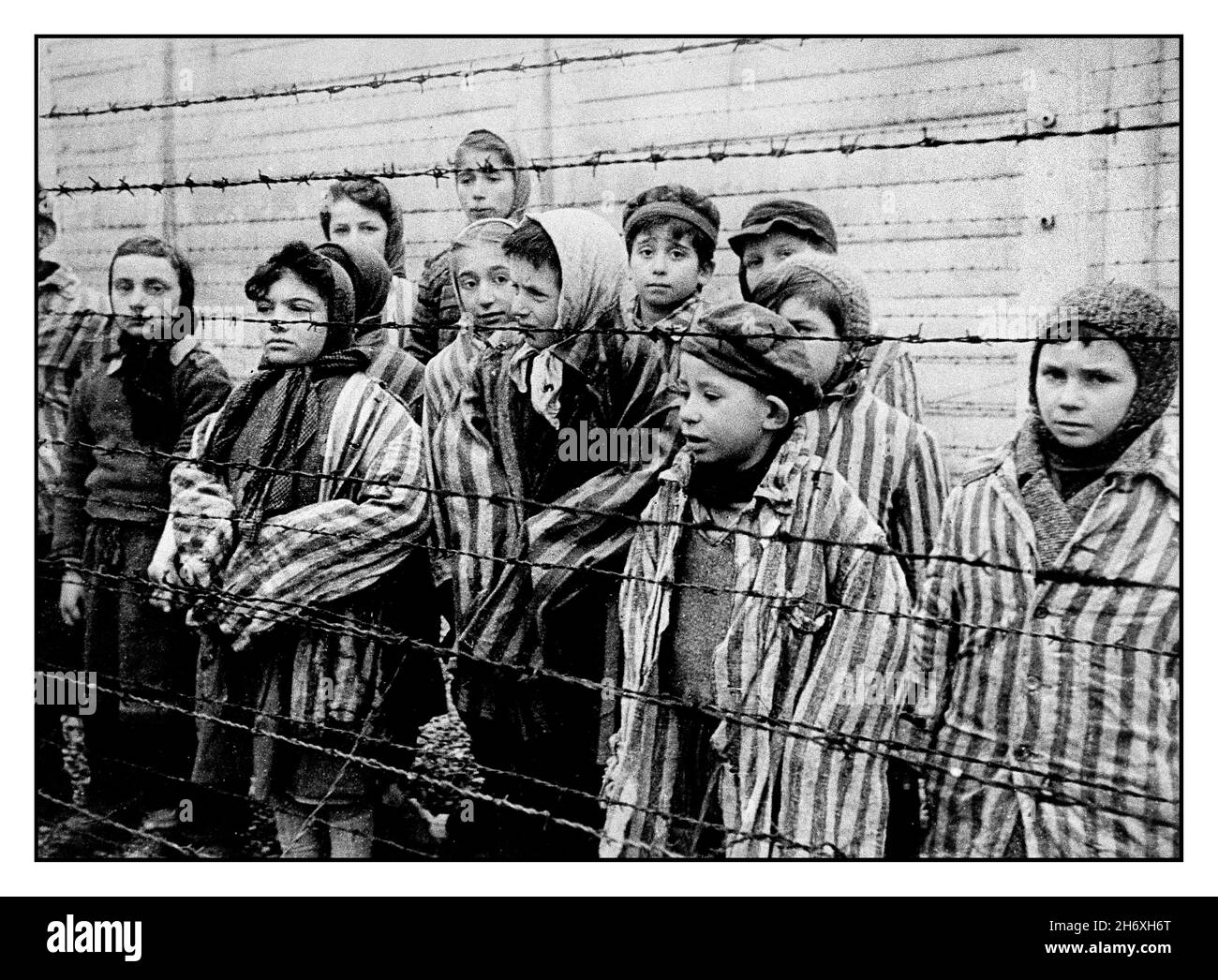 AUSCHWITZ 1945 KINDER GEFANGENE BEFREIUNG Kinderhäftlinge in gestreiften Uniformen starren hinter einem Stacheldrahtzaun in dem berüchtigten Nazi-Todeslager Auschwitz-Südpolen von WW2 auf ihre Befreier. Zweiter Weltkrieg Kindergefangene Überlebende des Konzentrationslagers Auschwitz in gestreiften Häftlingsjacken in Erwachsenengröße stehen hinter einem Stacheldrahtzaun. Stockfoto