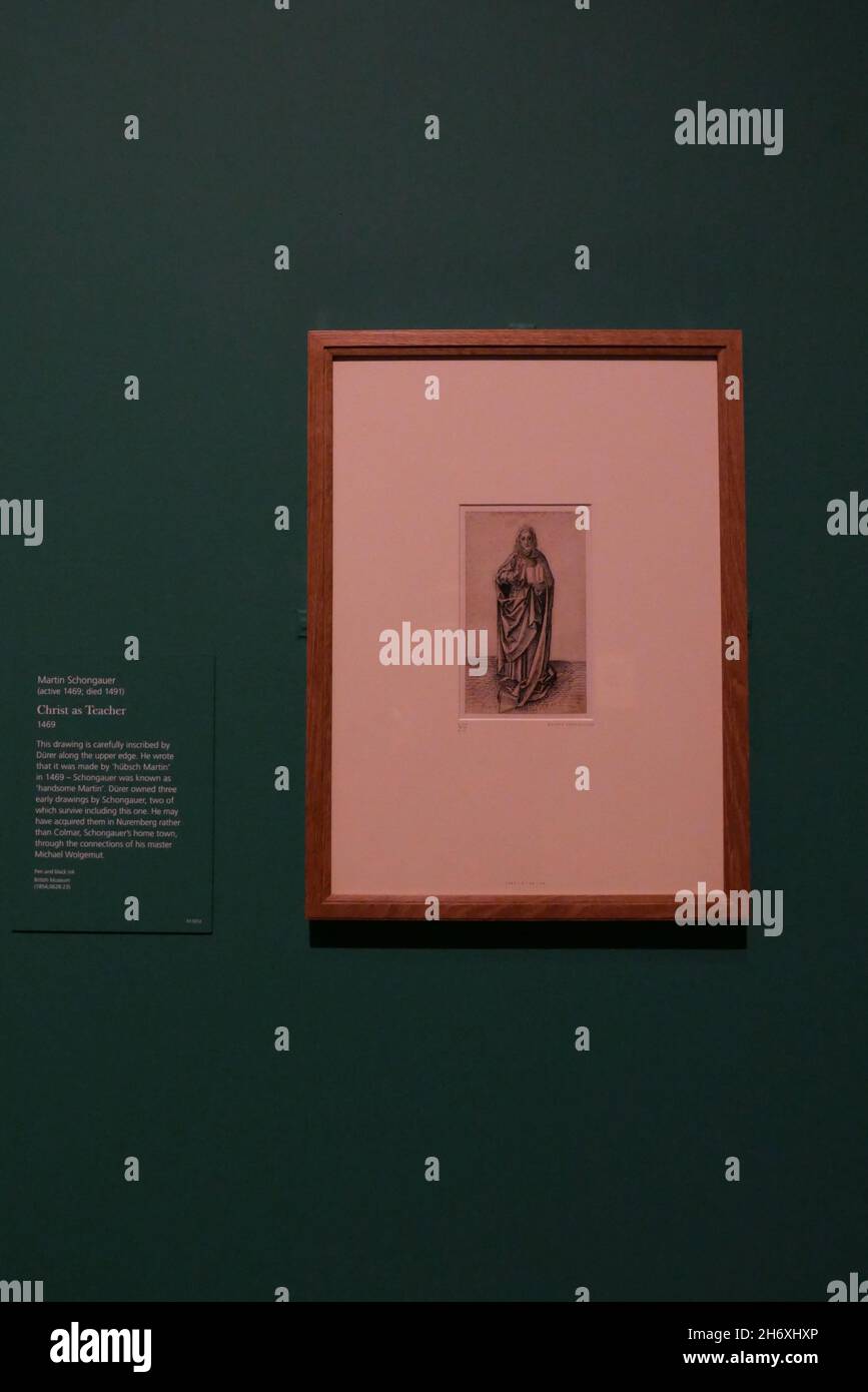 In der Nationalgalerie wird am 20. November 2021 eine große Ausstellung des deutschen Renaissance-Künstlers Albrecht Durer eröffnet. Die erste bedeutende britische Ausstellung der Werke des Künstlers in einer so breiten Palette von Medien seit fast zwanzig Jahren zeigt Dürers als Maler, Zeichner und Grafiker. Die meisten der ausgestellten Werke werden zum ersten Mal in Großbritannien gezeigt. Es konzentriert sich auf den Künstler durch seine Reisen bringt den Besucher näher an den Mann selbst und die Menschen und Orte, die er besucht., durch über hundert Gemälde, Zeichnungen, Drucke und Dokumente ... Stockfoto