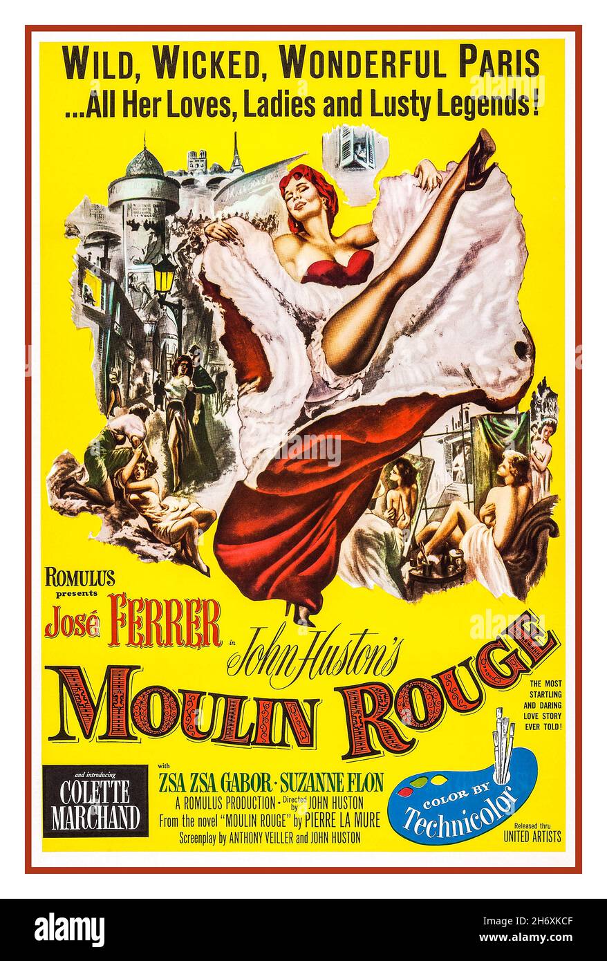 Moulin Rouge 1950s Vintage Film Filmposter ist ein britischer Drama-Film von John Huston aus dem Jahr 1952, der von John und James Woolf für ihre Romulus Films Company produziert und von United Artists veröffentlicht wurde. Der Film wird Ende des 19th. Jahrhunderts in Paris gedreht und folgt dem Künstler Henri de Toulouse-Lautrec in der böhmischen Subkultur der Stadt im Moulin Rouge. Das Drehbuch ist von Huston, basierend auf dem Roman von Pierre La Mure aus dem Jahr 1950. Die Kinematographie wurde von Oswald Morris gemacht. Dieser Film wurde 14th beim Internationalen Filmfestival in Venedig gezeigt, wo er den Silbernen Löwen gewann. Stockfoto