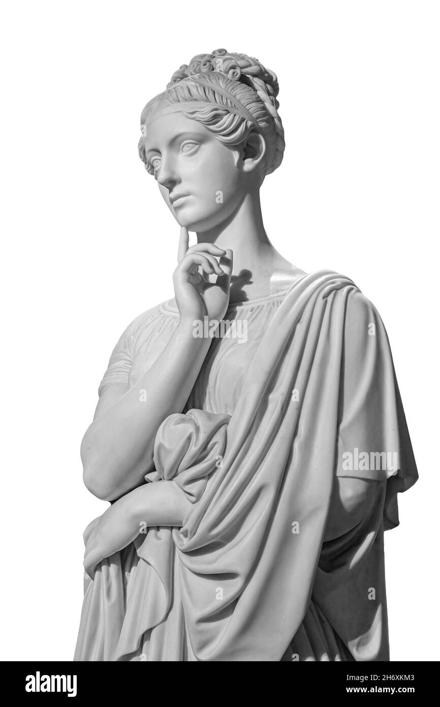 Gipskopie der alten Statue der denkenden jungen Dame isoliert auf weißem Hintergrund. Seitenansicht der Gipsskulptur Frau Gesicht Stockfoto