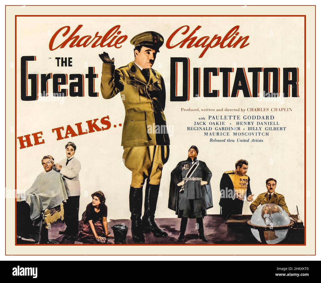 Vintage Movie Film Poster „The Great Dictator“ mit Charlie Chaplin, der auch schrieb und Regie führte. United Artists.The Great Dictator ist ein US-amerikanischer Satirefilm aus dem Jahr 1940, der von dem britischen Komiker Charlie Chaplin geschrieben, Regie geführt, produziert, gespielt und in der Hauptrolle gespielt wurde und der Tradition vieler seiner anderen Filme folgt. Chaplin war der einzige Hollywood-Filmemacher, der bis weit in die Zeit der Tonfilme hinein Stummfilme drehte, und machte diesen Film zu seinem ersten echten Soundfilm. Chaplins Film brachte eine aufrührende Verurteilung von Adolf Hitler, Benito Mussolini, Faschismus und Antisemitismus, Stockfoto