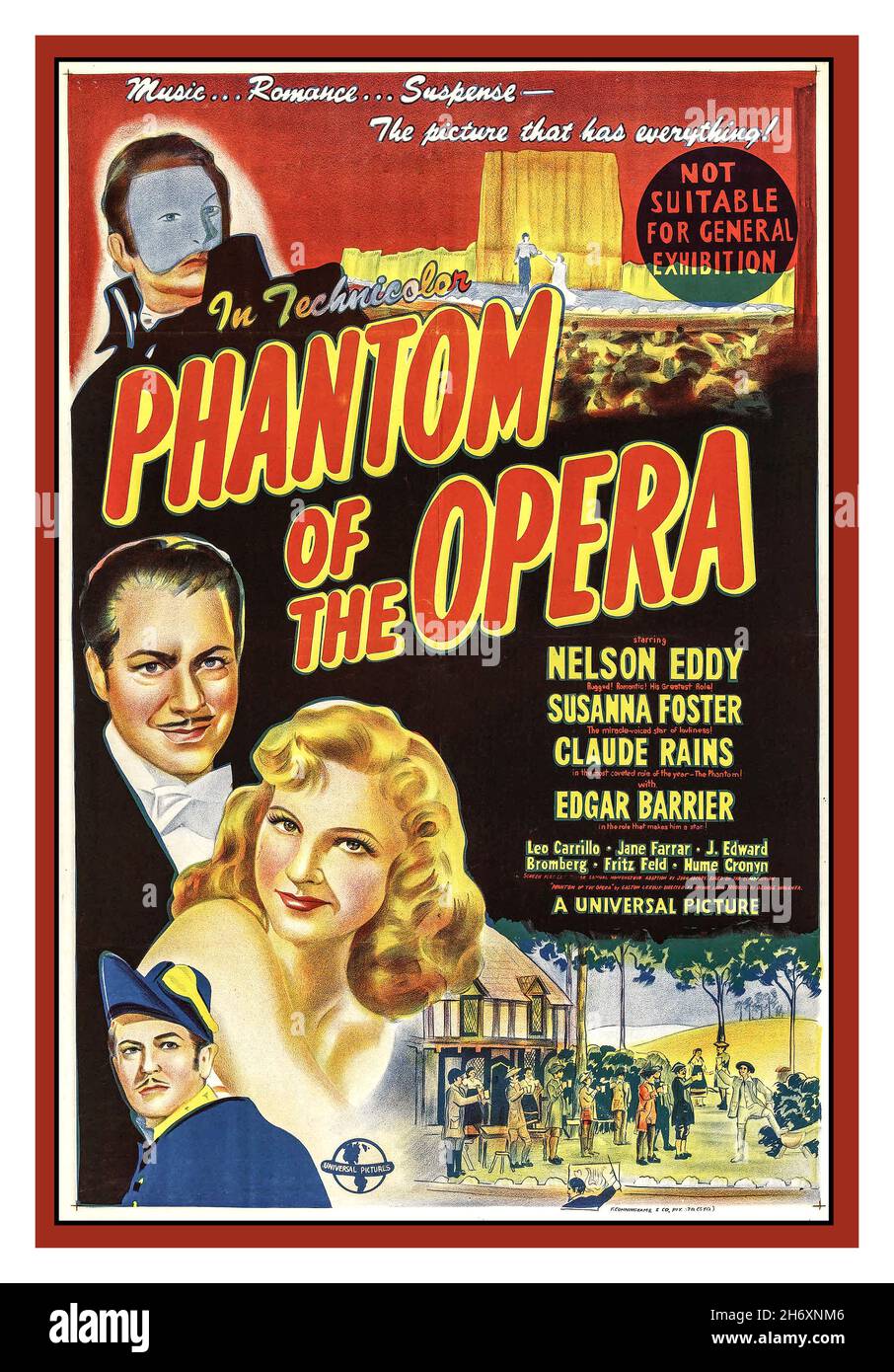 Phantom of the Opera 1940s Vintage Movie Film Poster ist ein US-amerikanischer Horrorfilm von 1943 unter der Regie von Arthur Lubin, der lose auf Gaston Leroux' Roman The Phantom of the Opera aus dem Jahr 1910 basiert, der von Universal Picters produziert und vertrieben wurde, wobei die Filmstars Nelson Eddy, Susanna Foster und Claude Rains, Und wurde von Edward ward komponiert. Mit Claude Rains Nelson Eddy Susanna Foster Edgar Barrier unter der Regie von Arthur Lubin. A Universal Picture Hollywood USA Stockfoto